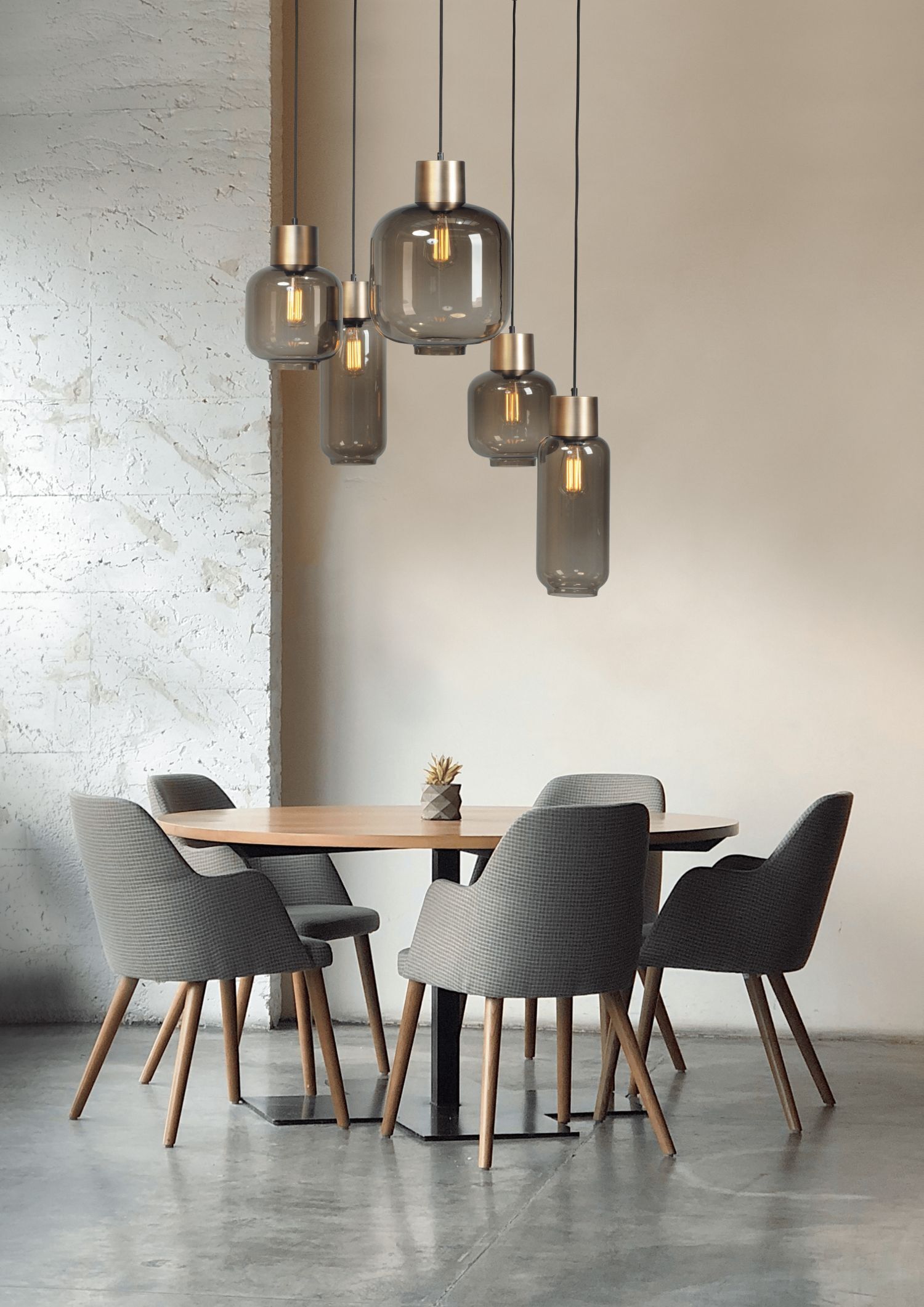 Pendelleuchte Rauchglas Metall Schwarz Gold verstellbar