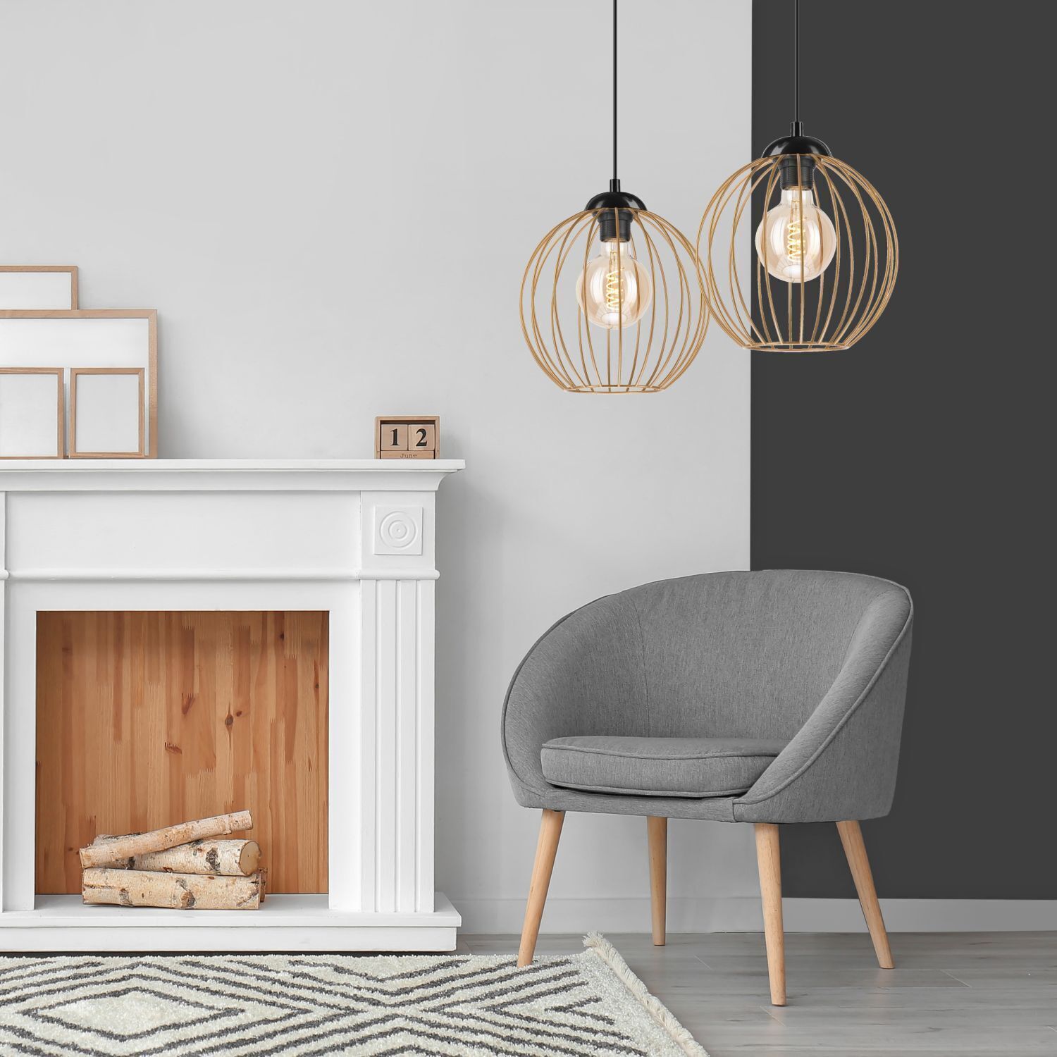 Hängeleuchte 2-flammig E27 in Schwarz Gold Metall Draht Drinnen, Innenarchitektur, Lampe, Stuhl, Teppich