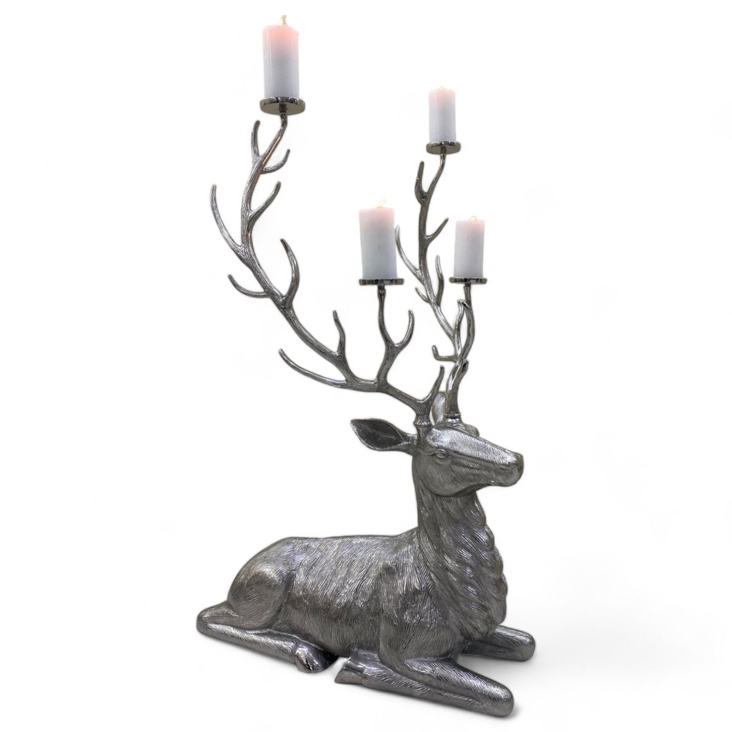 XXL Kerzenständer Hirsch groß H: 142,5cm in Silber Geweih, Kerze