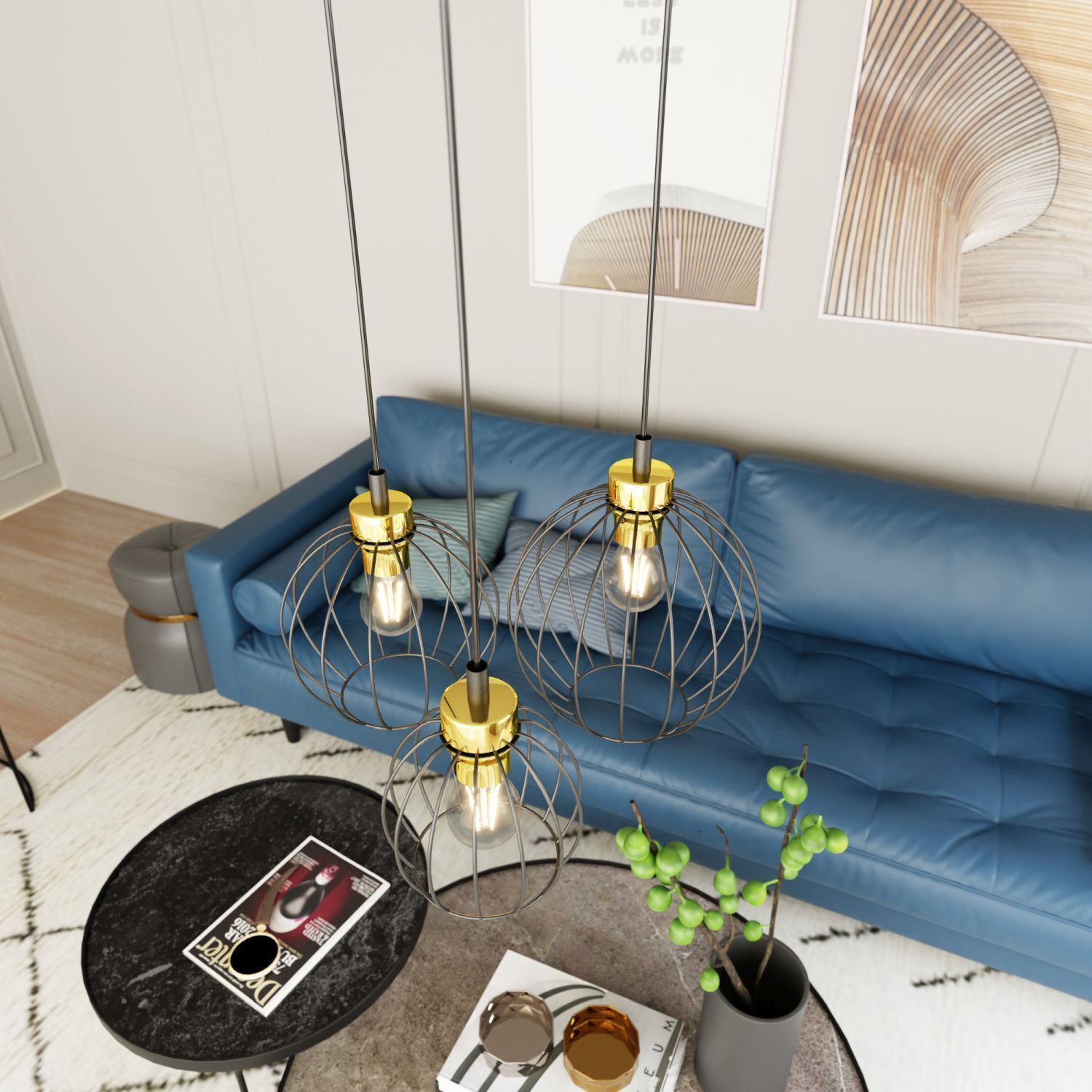 Runde Pendelleuchte Schwarz Gold 3-flammig E27 elegant