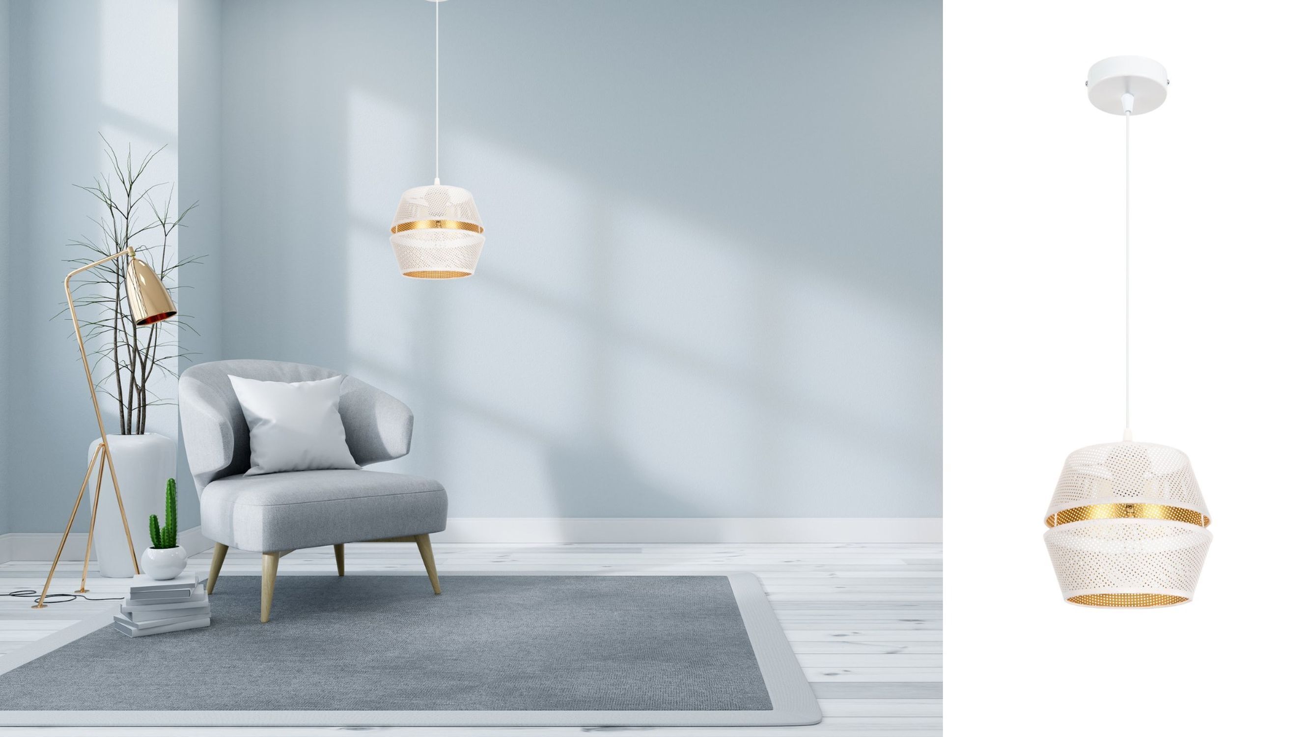 Elegante Pendelleuchte Metall Weiß Gold E27 Ø20 cm rund Lampe, Pflanze, Dekoration für Zuhause, Stuhl, Mobiliar