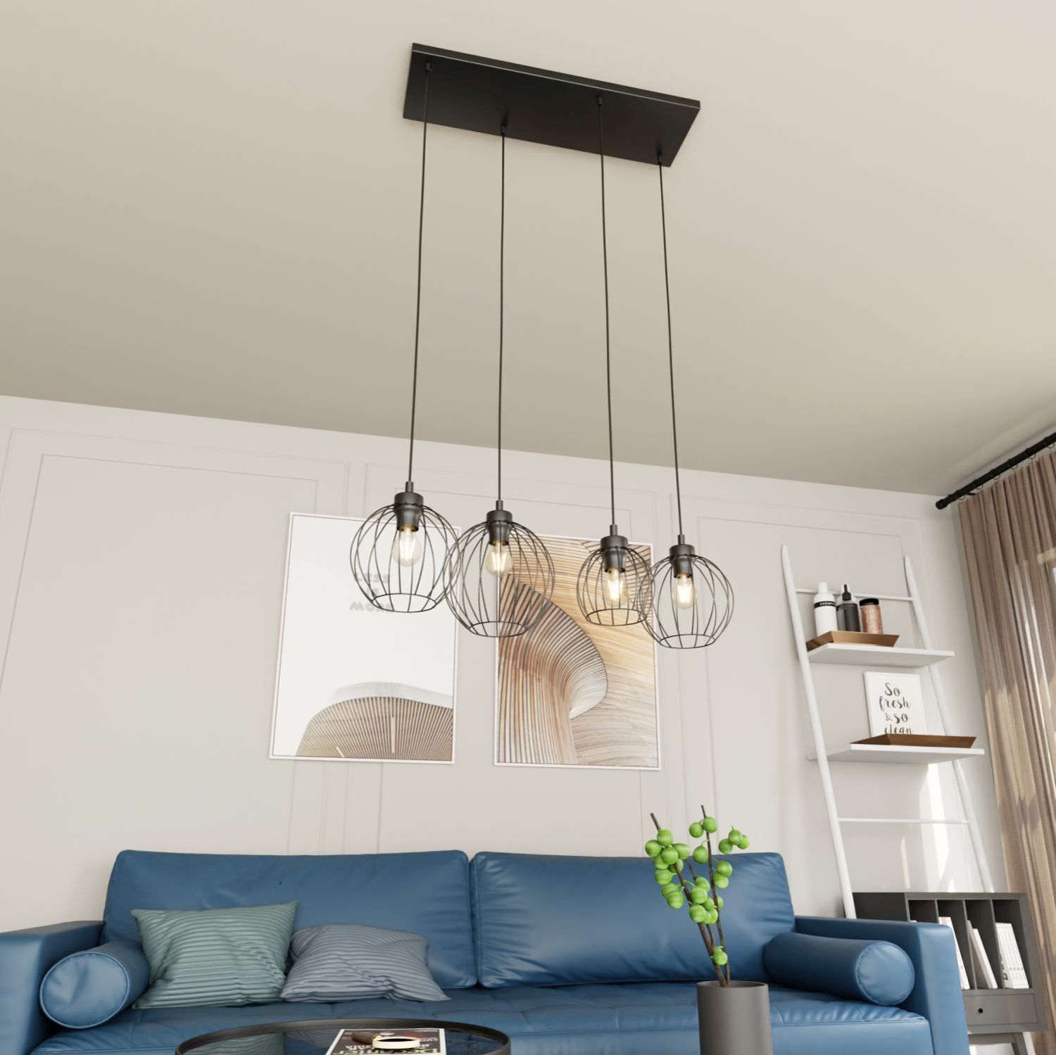 Metall Hängelampe E27 Schwarz 4-flammig L:70 cm lang