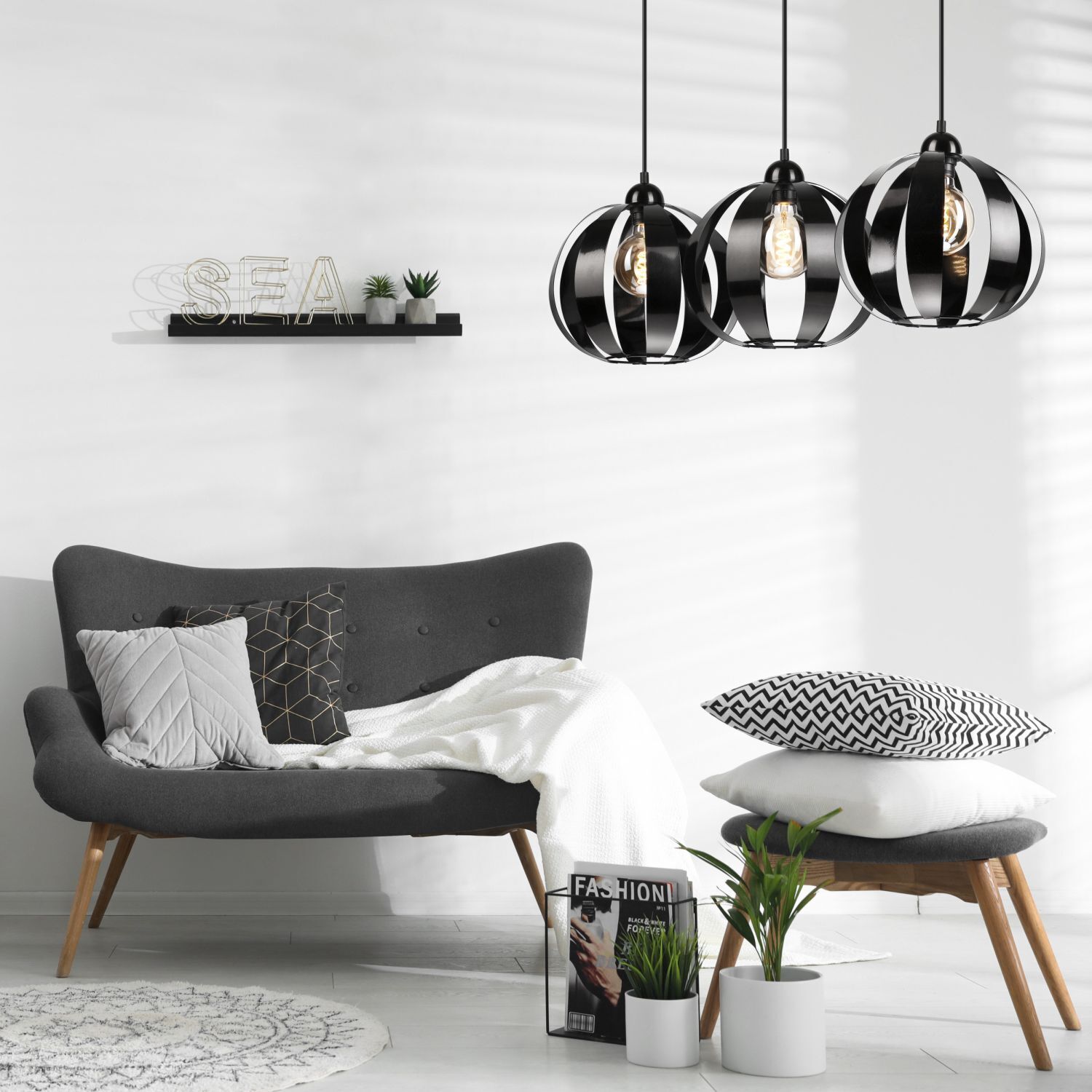 Pendelleuchte Schwarz Metall 3-flammig E27 verstellbar