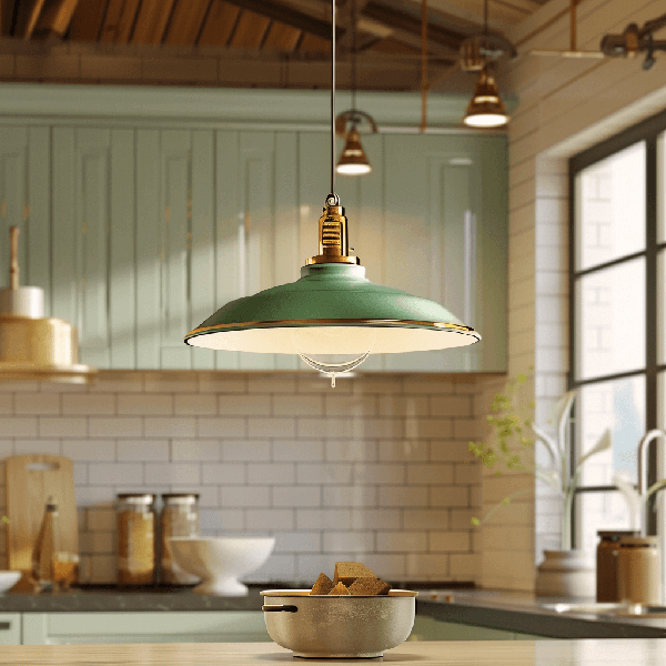 Zierleuchte, grüne Schirmfarbe, Küchenbeleuchtung, Deckenleuchte, Schüssel mit Zuckerwürfeln