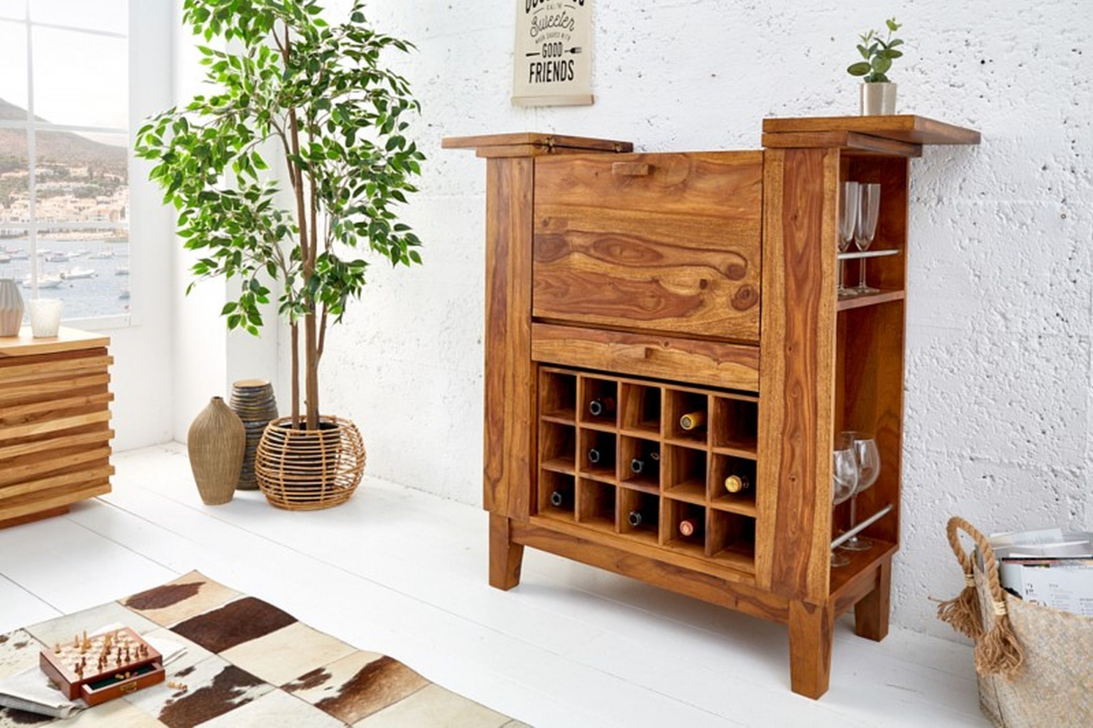 Barschrank Sheesham Holz Handarbeit in Braun