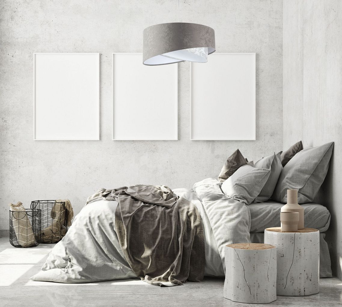 Pendelleuchte Grau Weiß Ø 50 cm Stoffschirm Velours Optik
