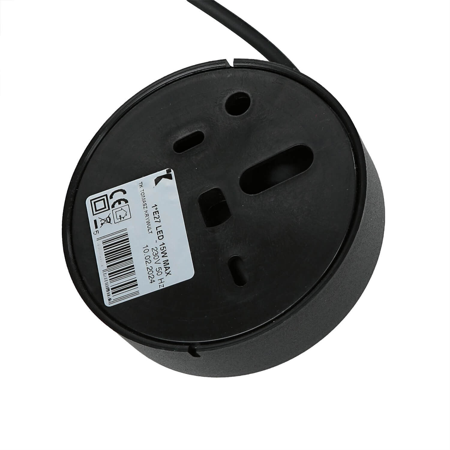 Lampengrundlage, runder Grundkörper, Lochmuster, schwarzes Plastik, Netzkabel