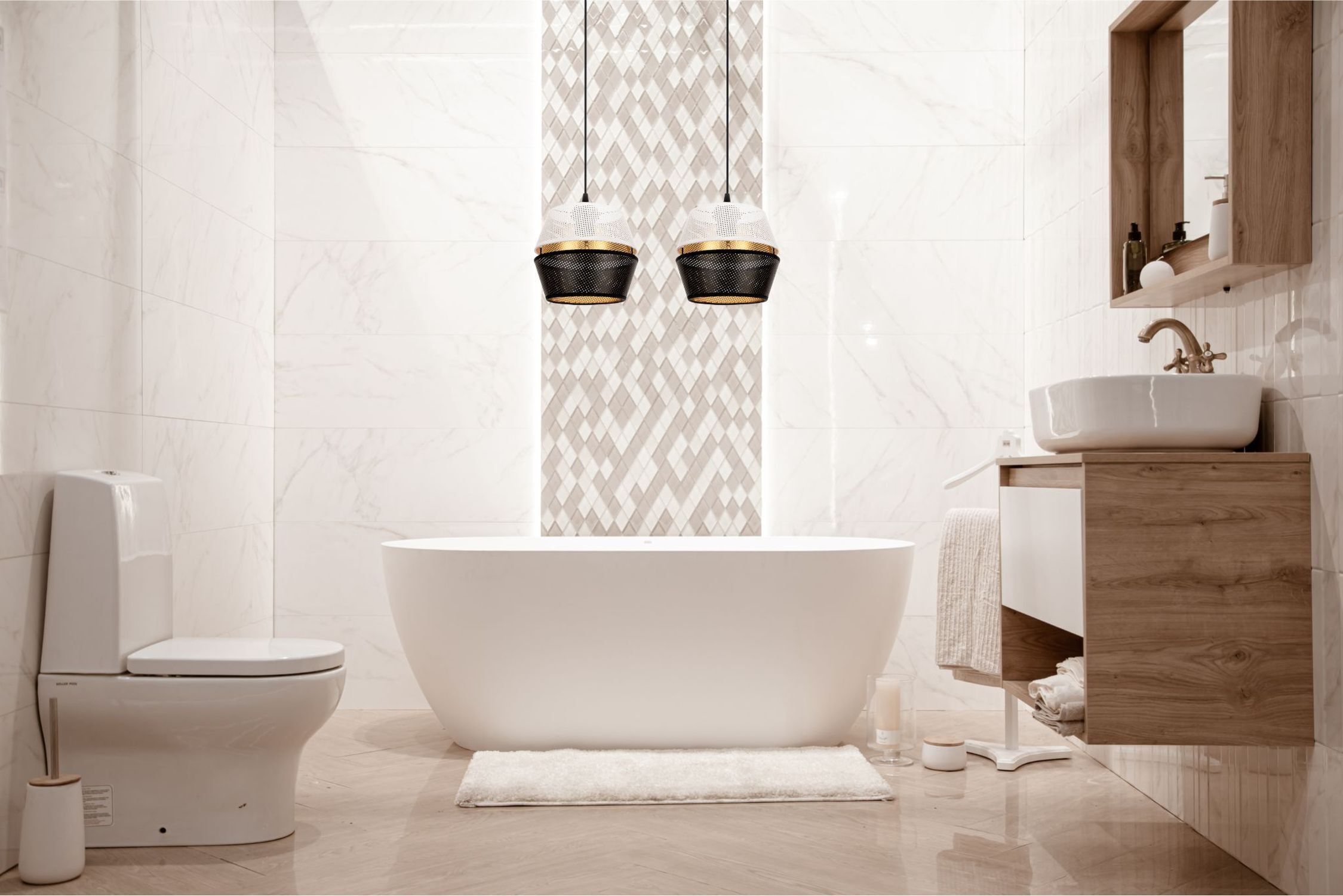 Lange Pendelleuchte 2-flammig Metall Schwarz Weiß Gold Baden, Badewanne, Wanne, Innenarchitektur, Sinken