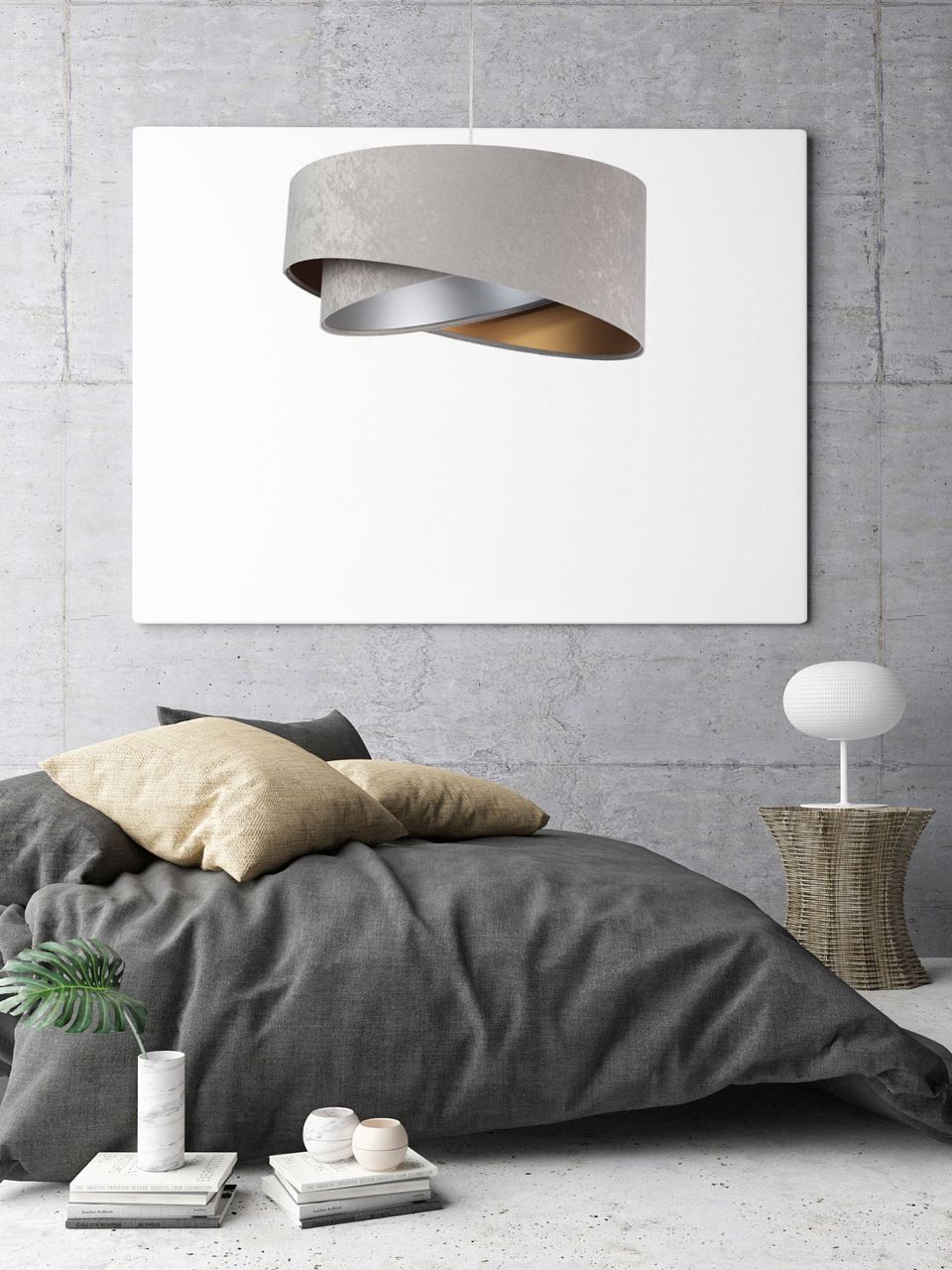 Runde Hängelampe E27 D: 50 cm Grau Gold Silber Stoffschirm