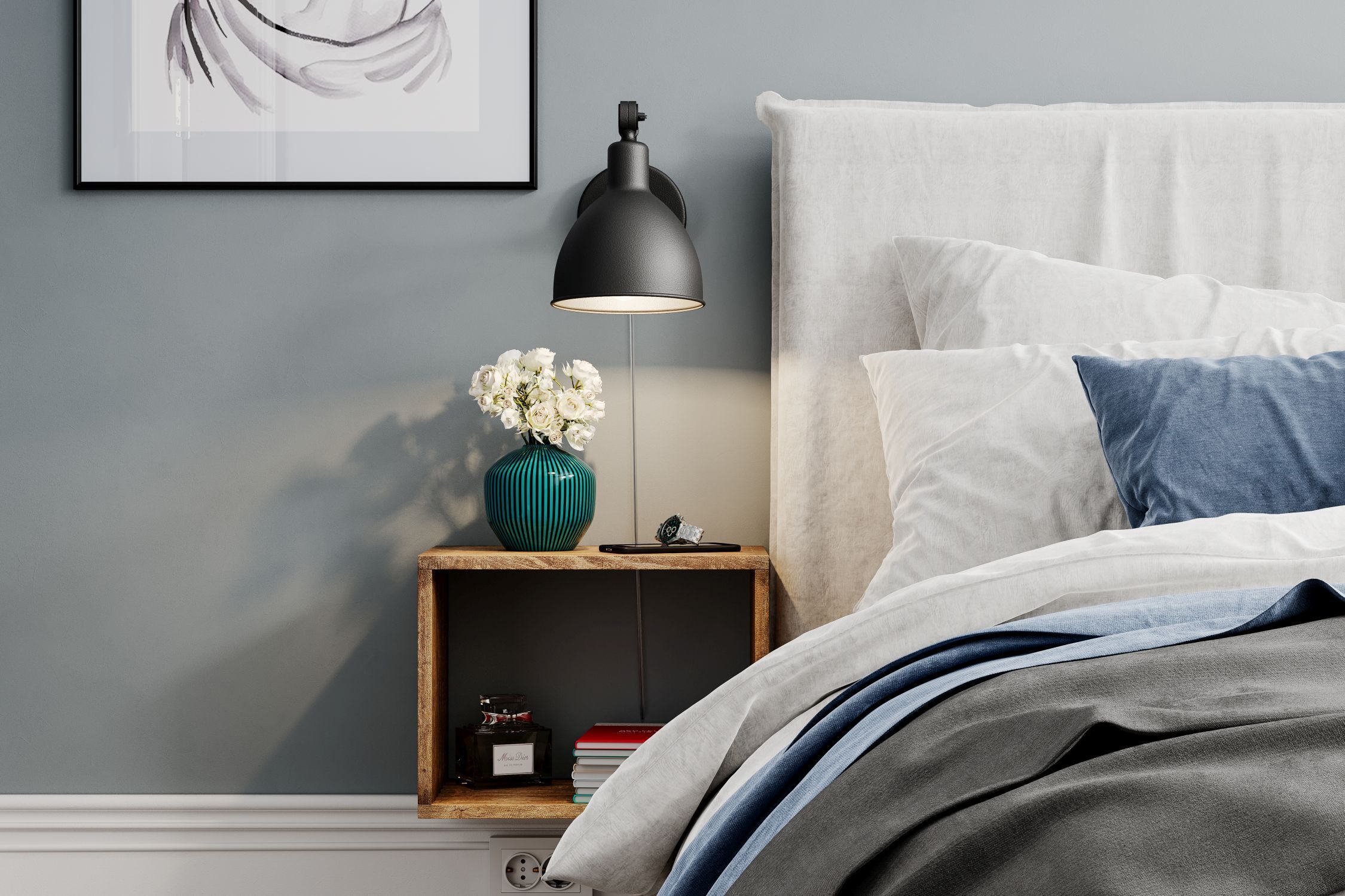 nachtischrank, lampe, bett, vase, blumen