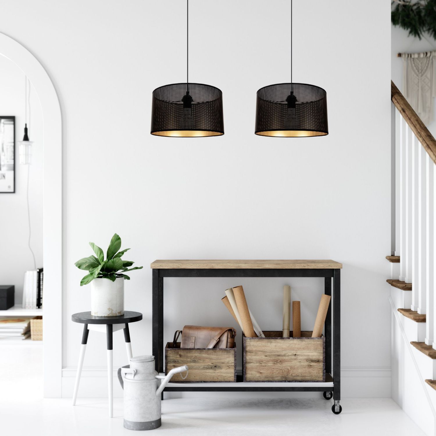 Große Pendelleuchte Metall Schwarz Gold E27 L:90 cm