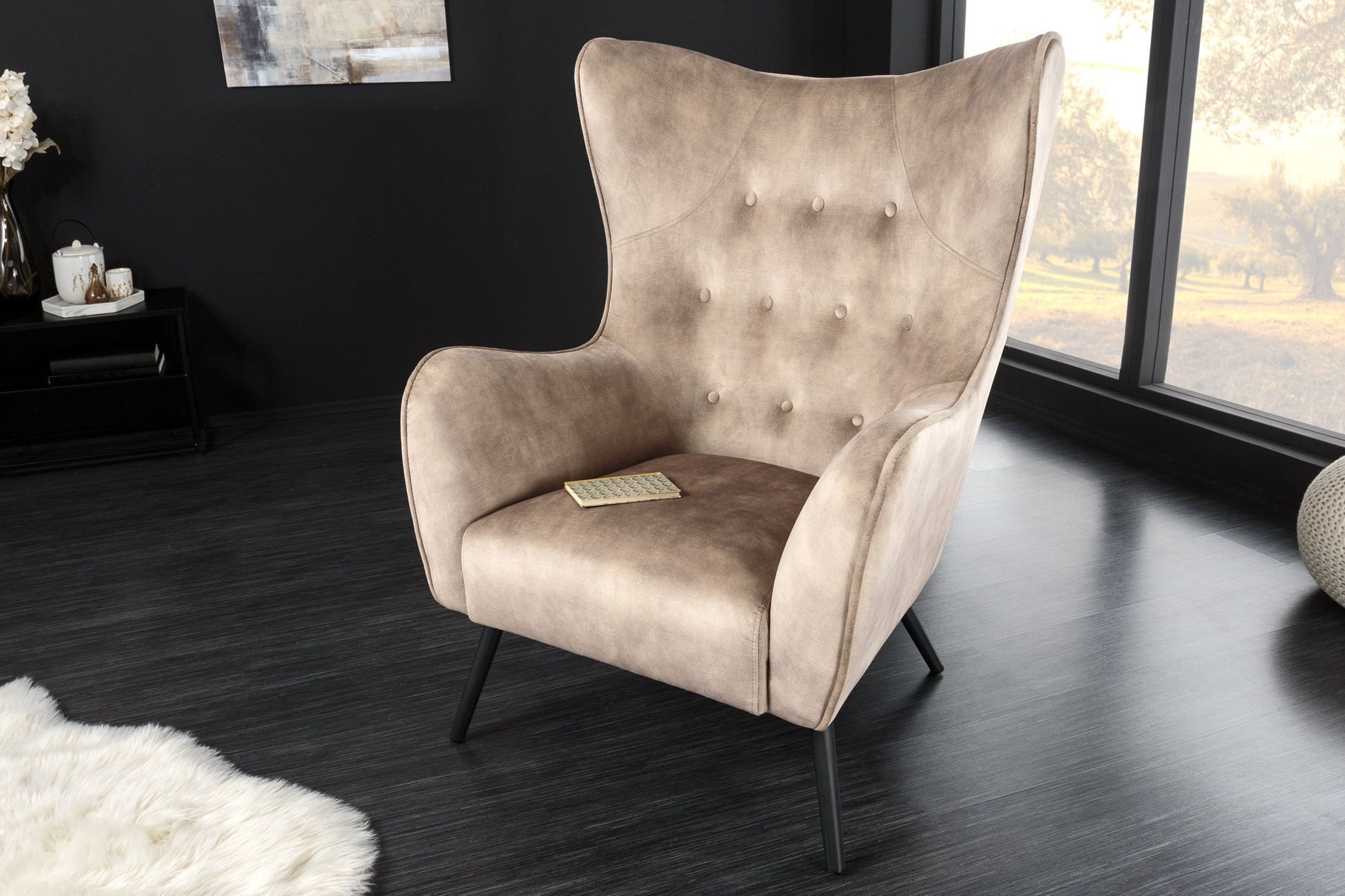 Ohrensessel Samt Beige Creme mit Armlehne Chesterfield Moebel, Stuhl, Tasse, Sessel