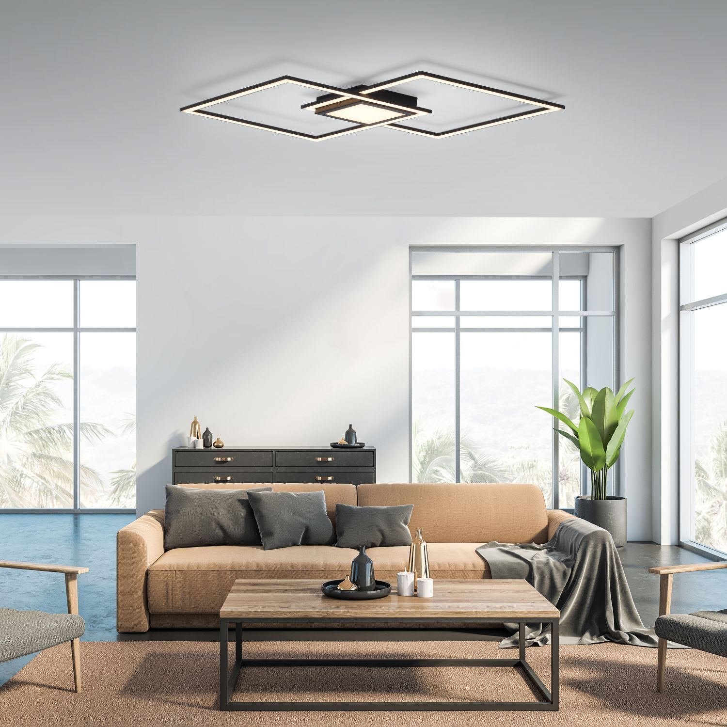 Dimmbare LED Deckenlampe Metall Schwarz L:106 cm 3000 K Wohnzimmer, Zimmer, Couch, Tabelle, Dekoration für Zuhause