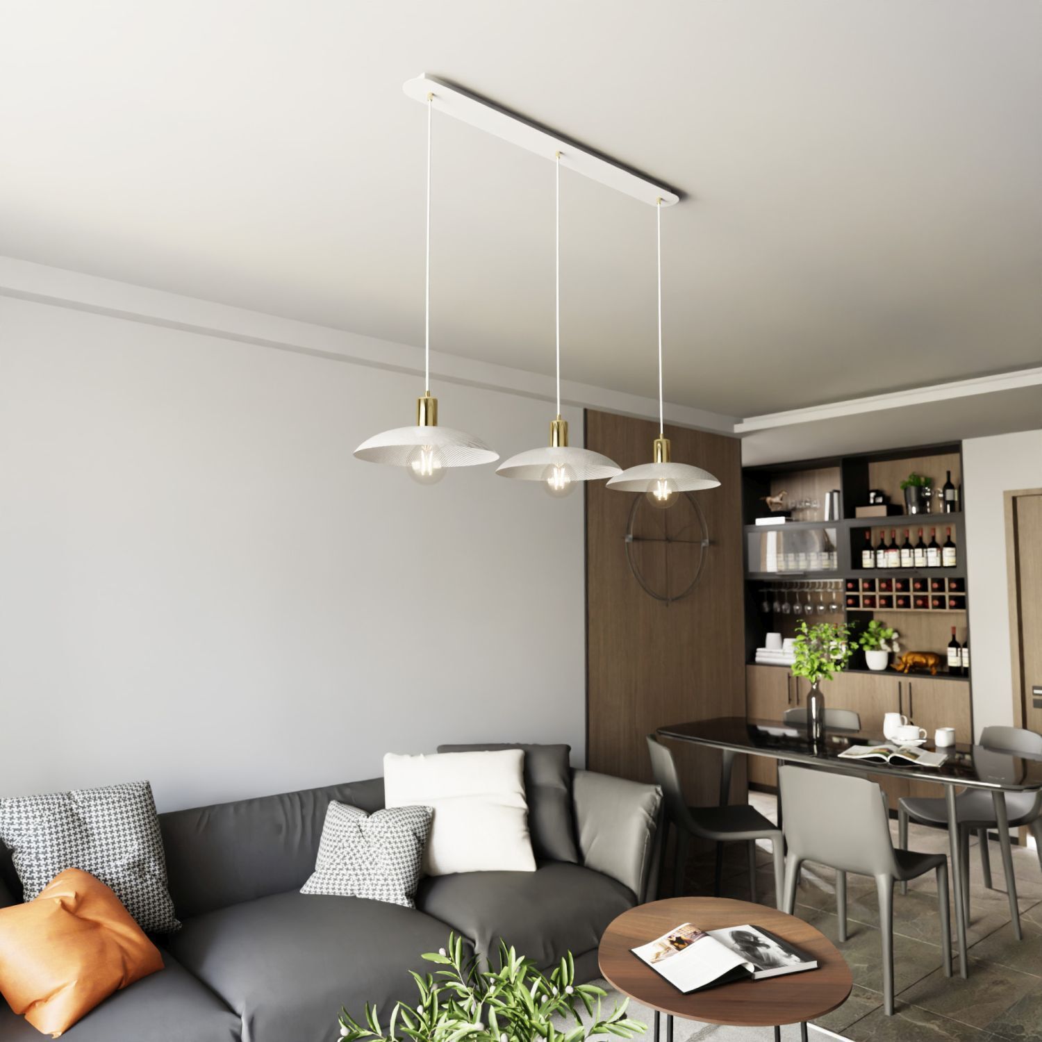 Pendelleuchte Metall L: 90 cm E27 Weiß Gold 3-flammig E27