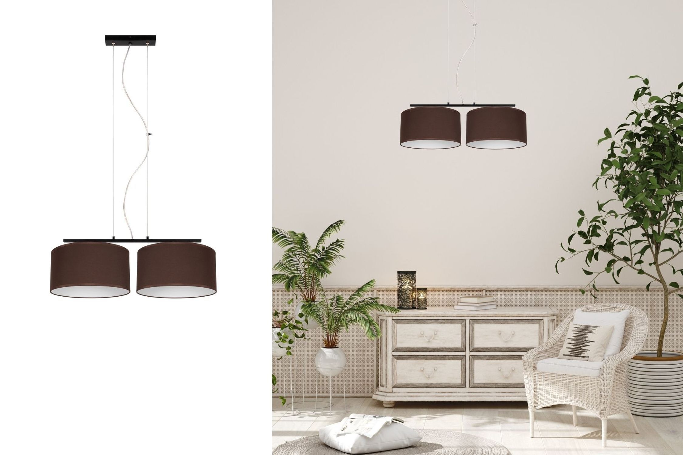 Stoff Pendelleuchte blendarm Braun Weiß E27 70 cm lang Lampe, Pflanze, Pflanze im Topf