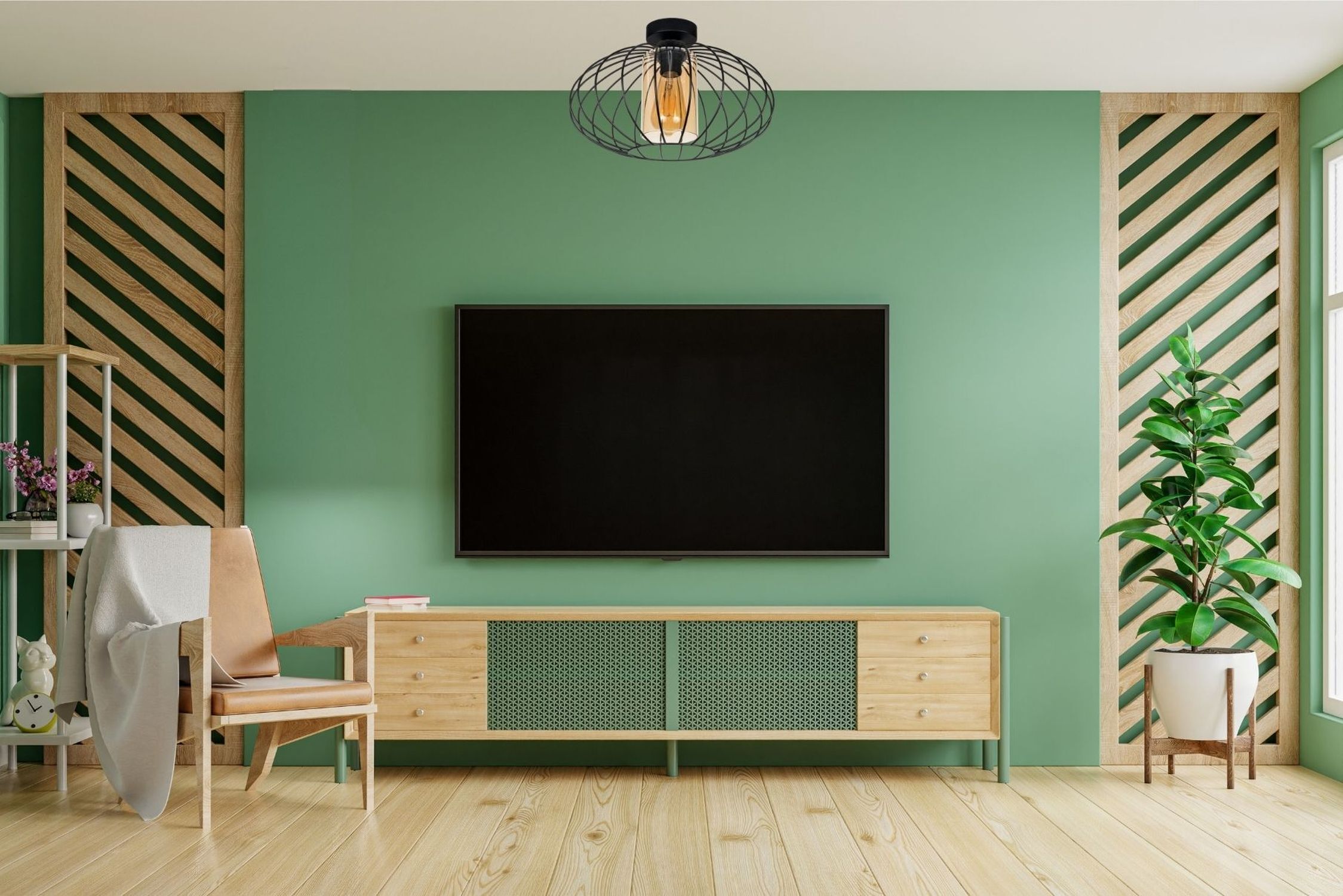 Wohnzimmer, Fernseher, Tv-Möbel, Grüne Wand, Holzdekor