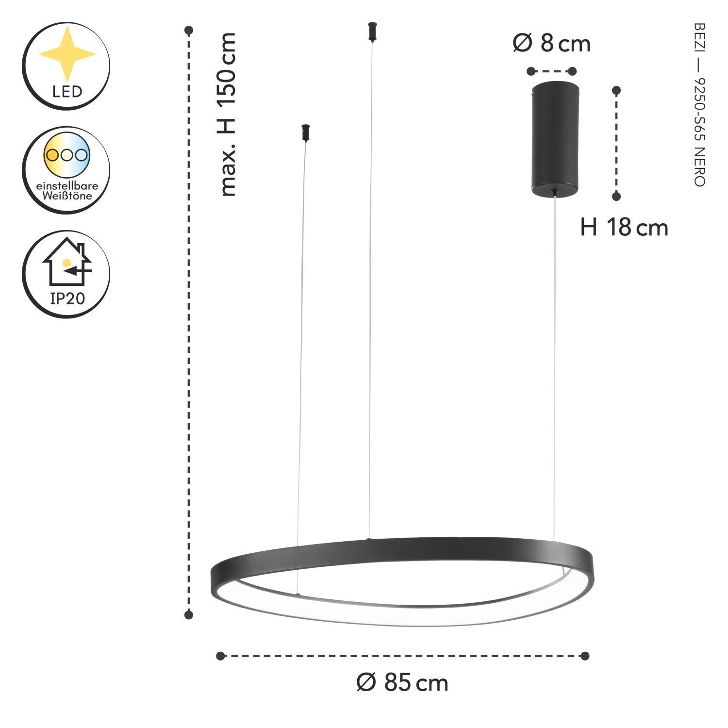 LED Hängelampe Schwarz Ring B:65 cm 3000/4000/6500 K LED, Beleuchtung, Hängeleuchte, Ringform, Dimmbar