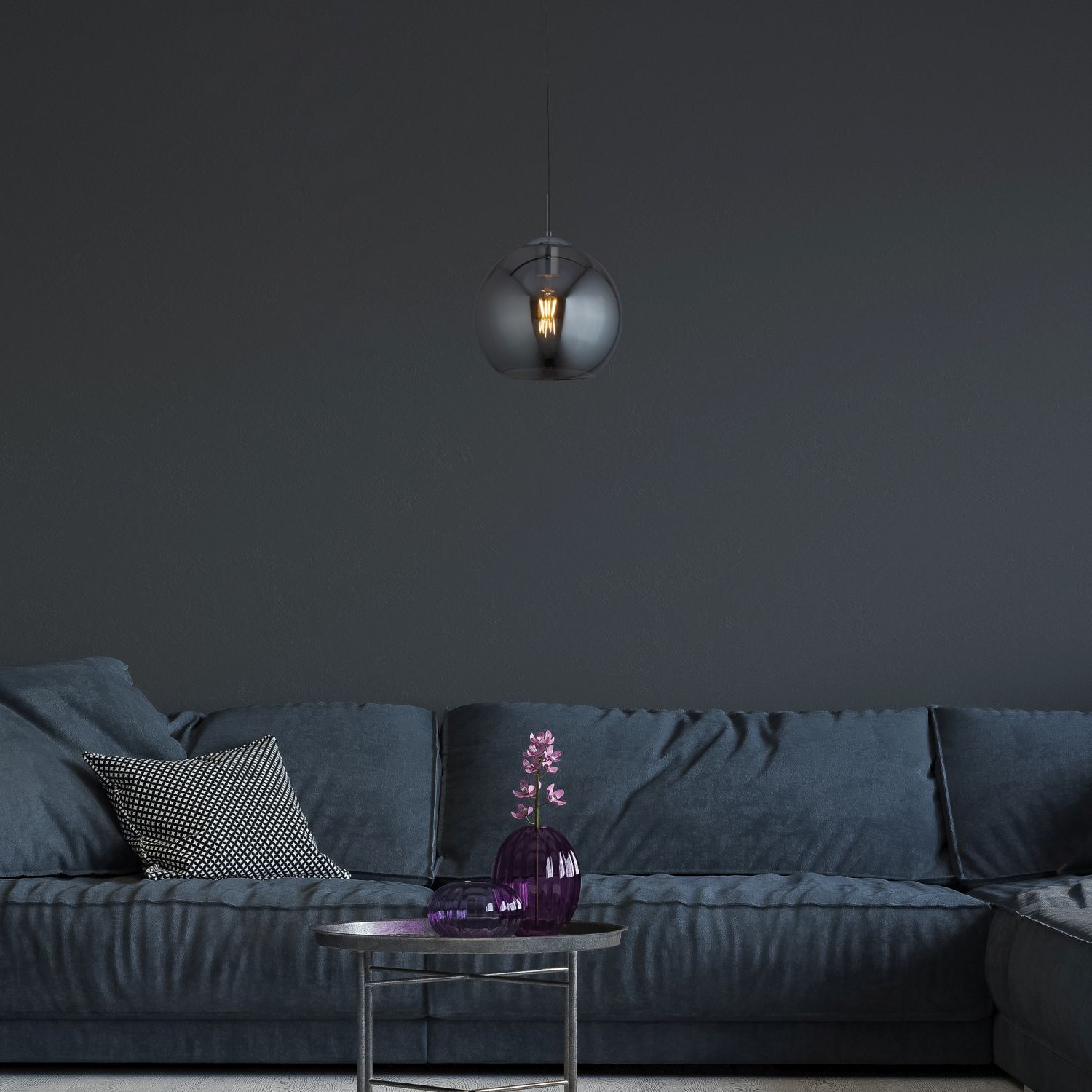 Hängelampe E27 D: 25 cm Chrom Rauchgrau Glas Metall