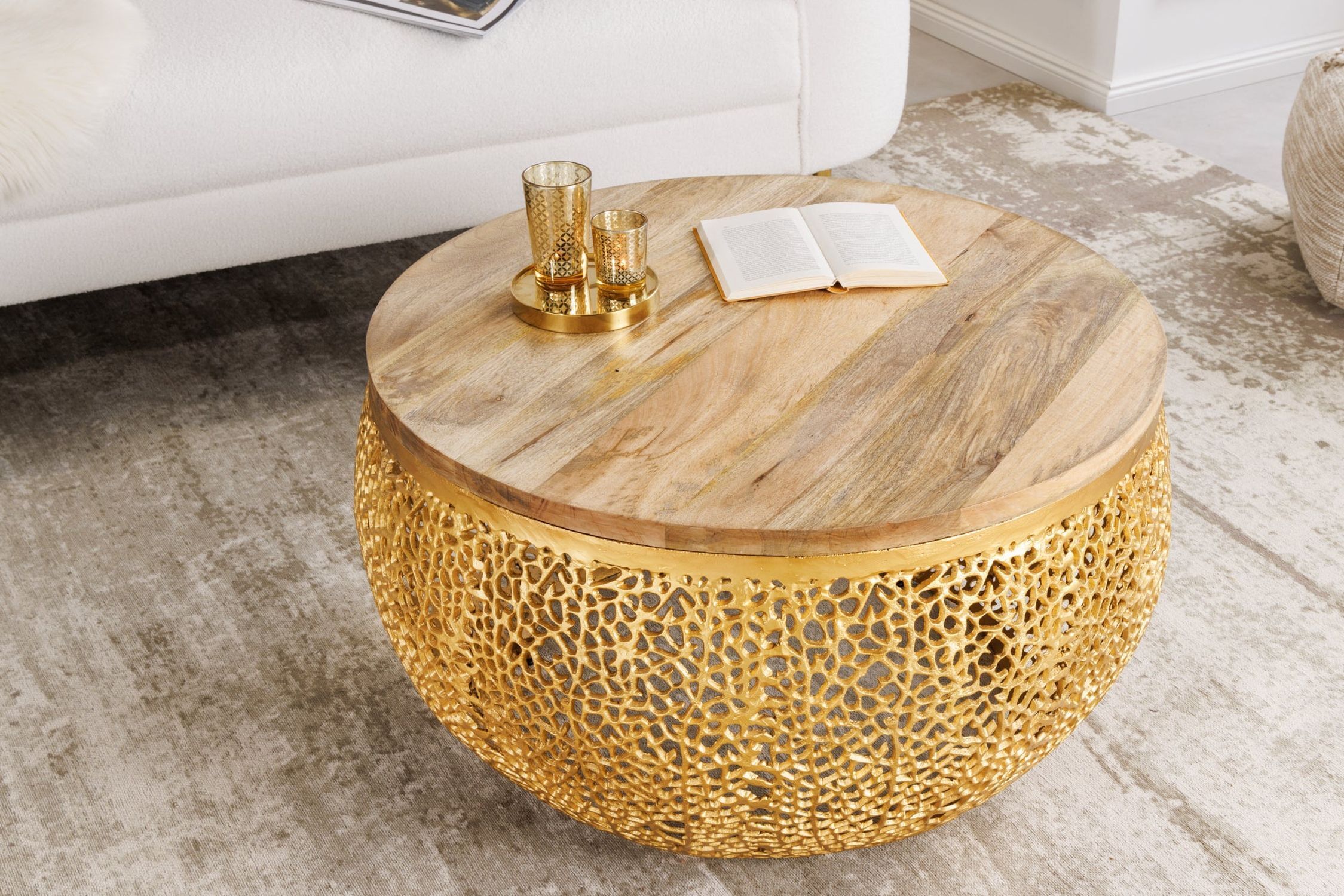 Couchtisch Mango Holz Metall in Natur Gold Ø 80cm Handarbeit Moebel, Tabelle, Kaffeetisch, Tischplatte