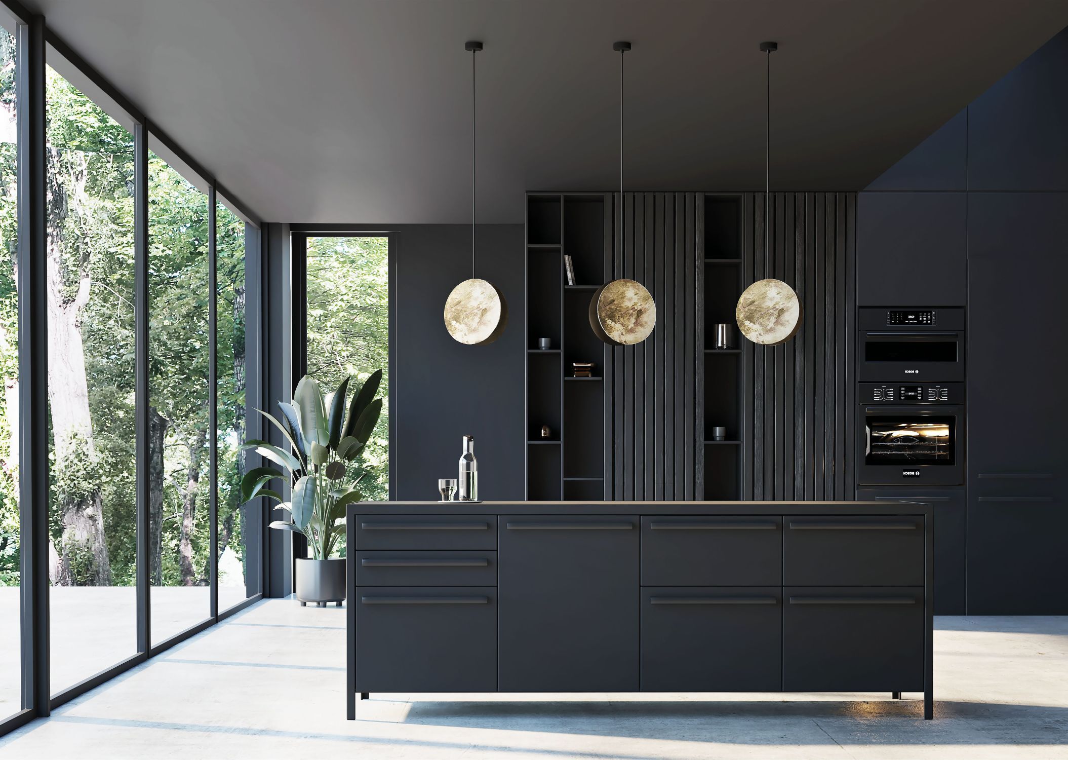 Küche, Insel, Küchenschrank, Backofen, Hängelampen