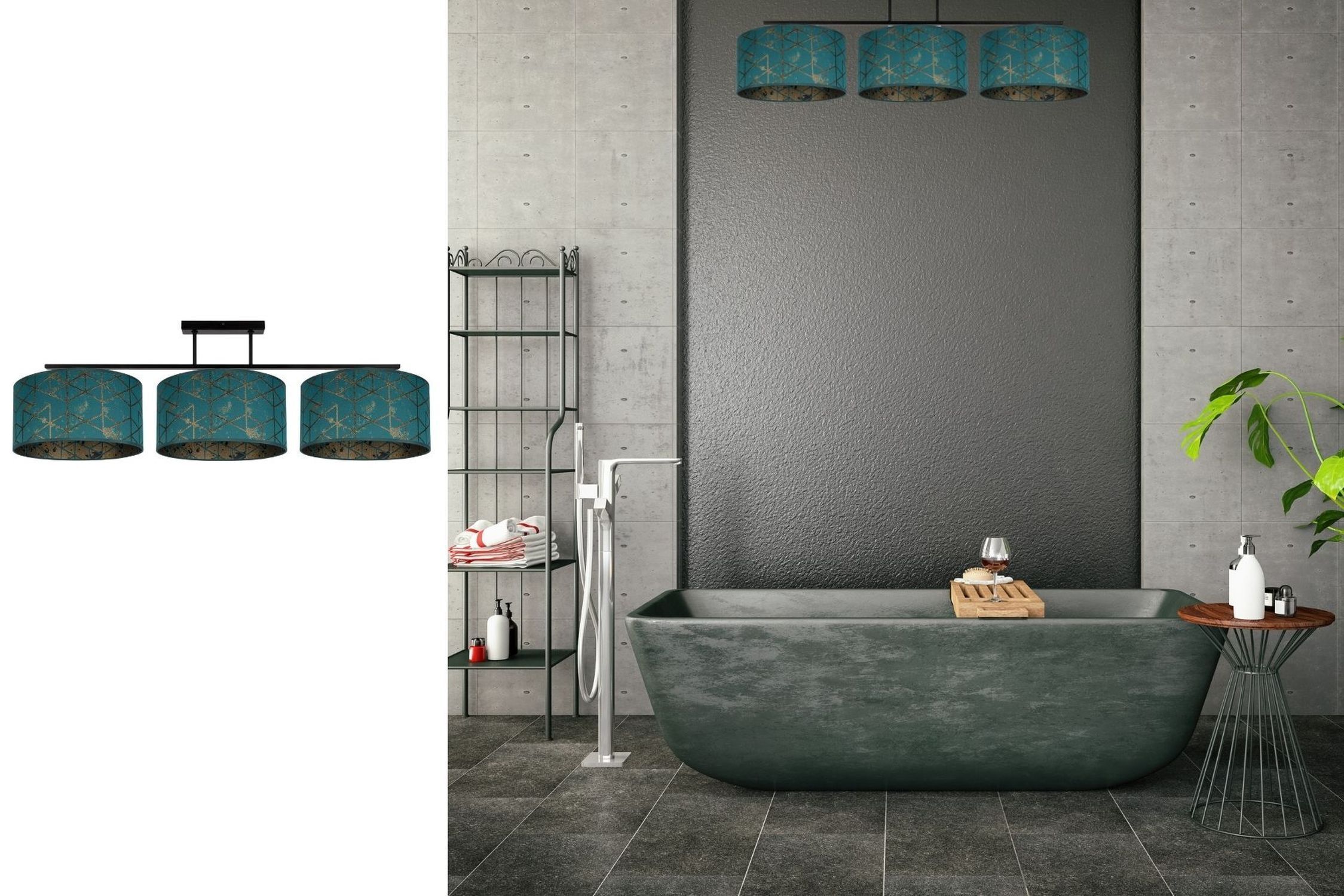 deckenlampe, pendelleuchte, teal, mustertapete, badzimmer