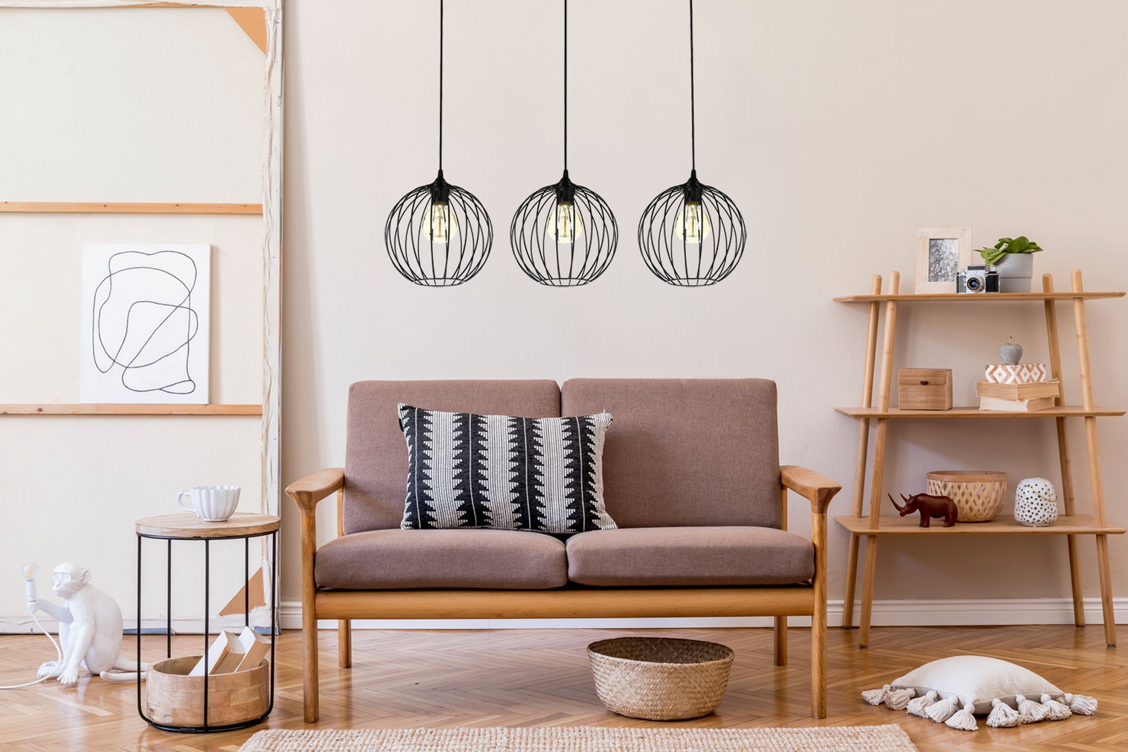 Hängelampe E27 Schwarz Metall 3-flammig L:70 cm Draht
