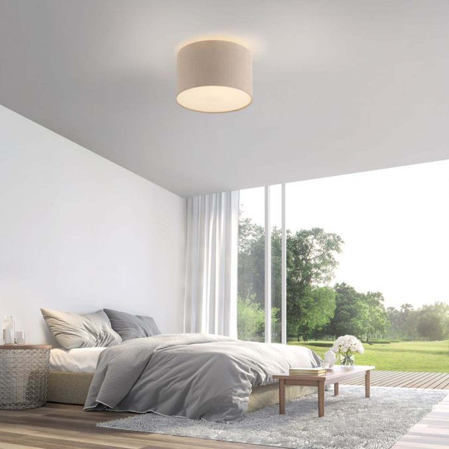 Stoff Deckenlampe blendarm Beige E27 Ø35 cm gemütlich Deckenleuchte, Dekoration für Zuhause, Drinnen, Innenarchitektur