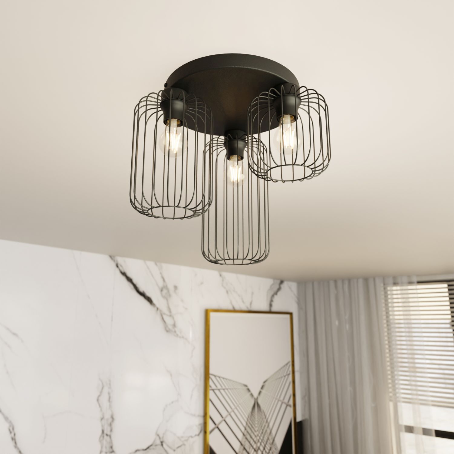 Draht Deckenleuchte Retro Schwarz Metall E27 60 cm lang