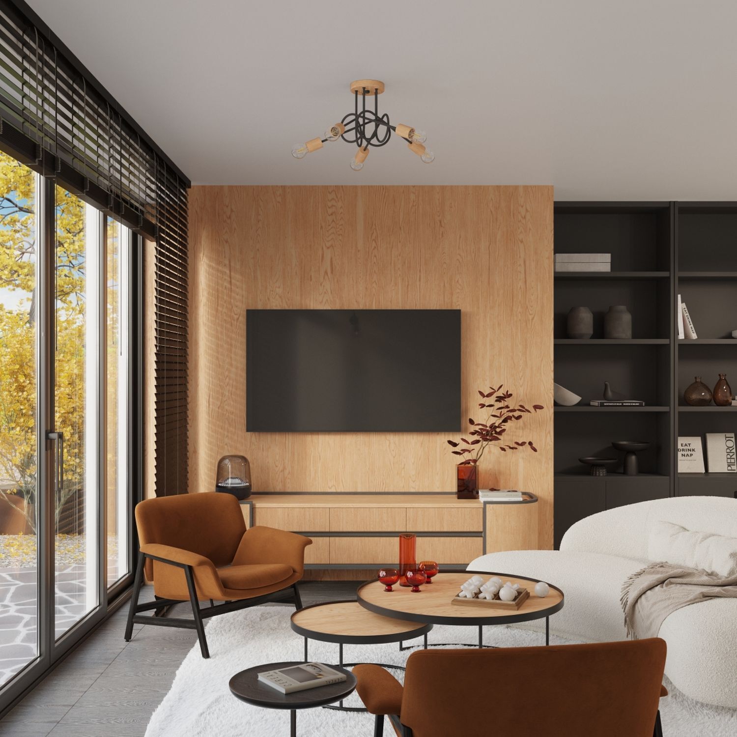 Wohnzimmer, Wandmontage-TV, Holzwand, Sessel, Couchtische