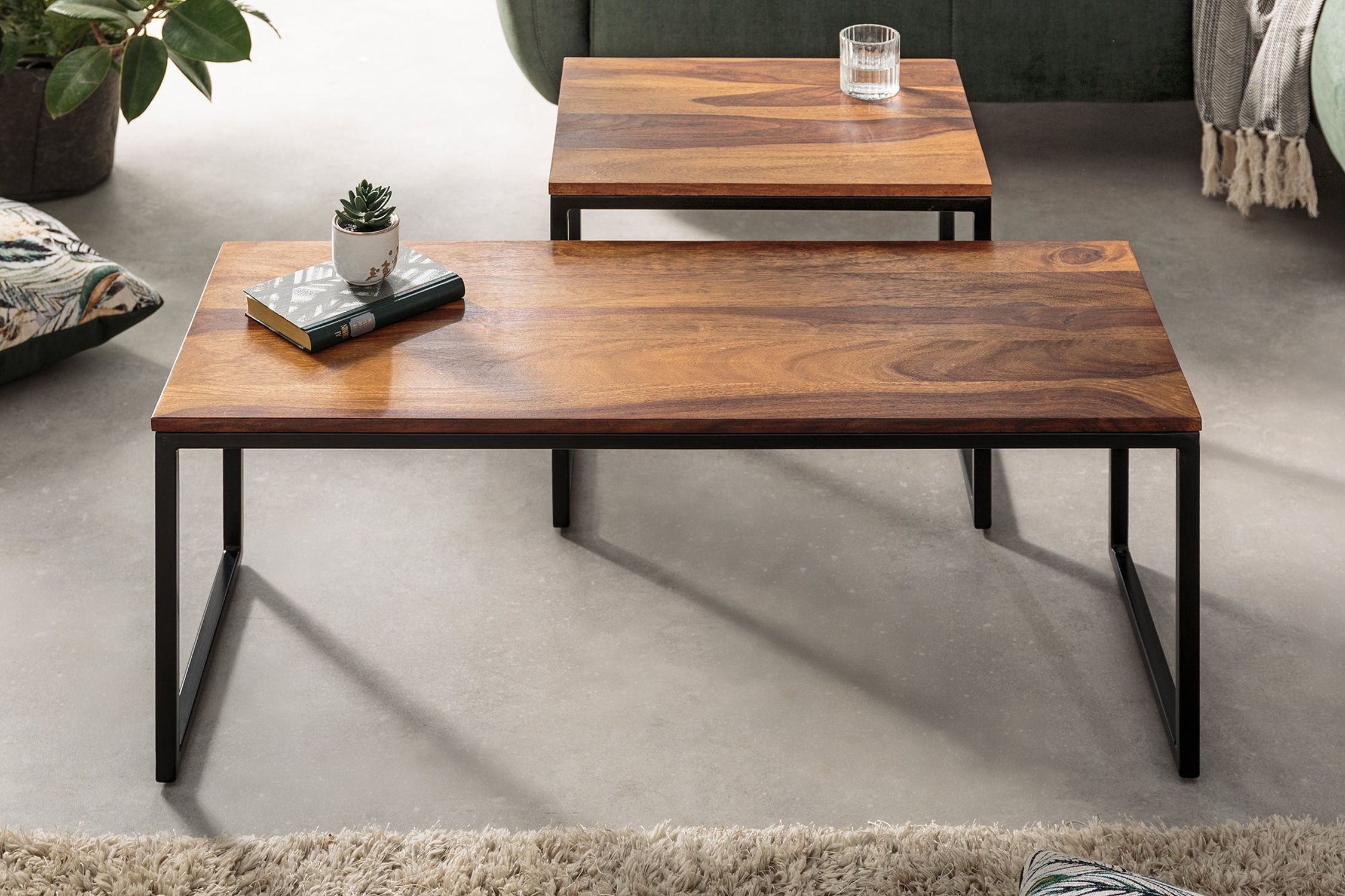 Couchtisch Sheesham Holz Metall 2er Set