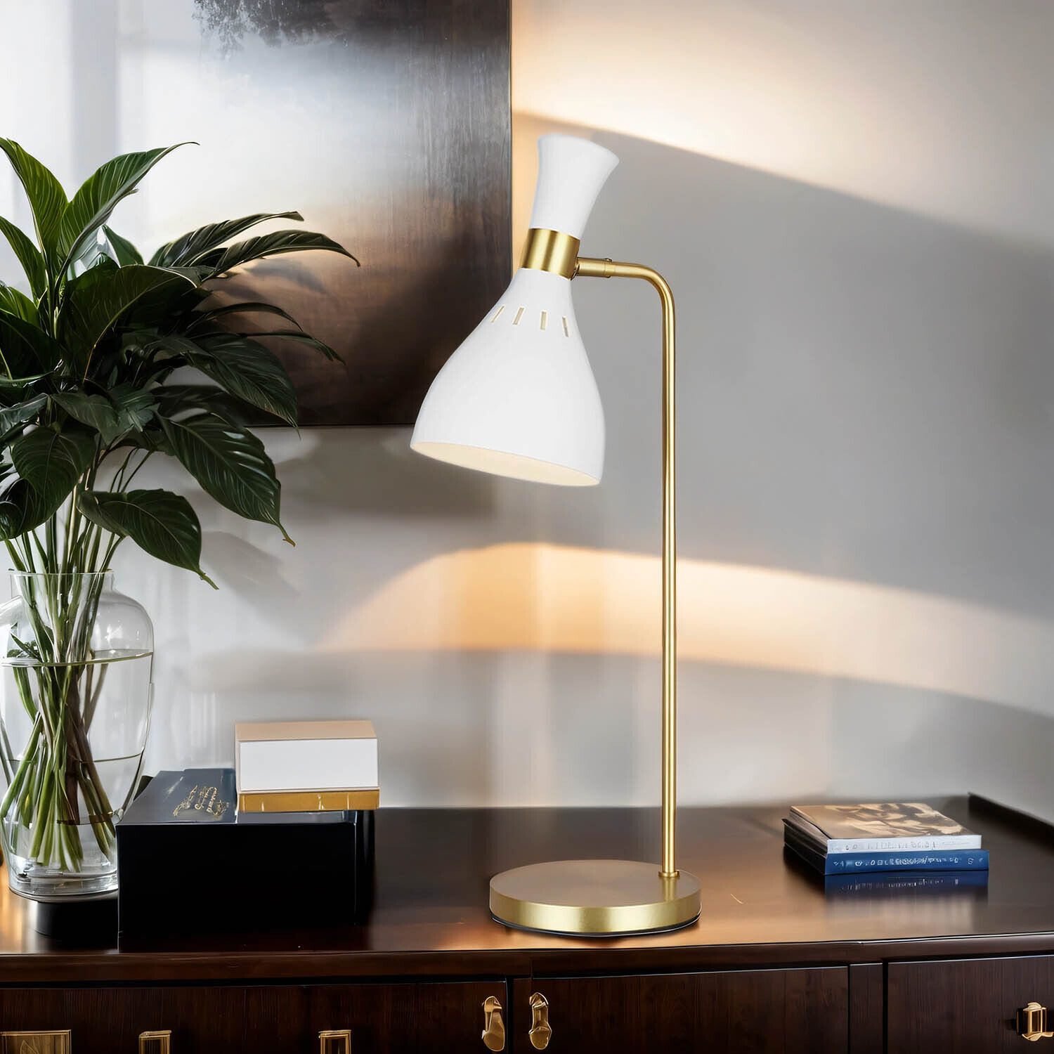 Tischlampe Metall 63,5 cm in Messing Weiß E27 Retro Lampe, Pflanze