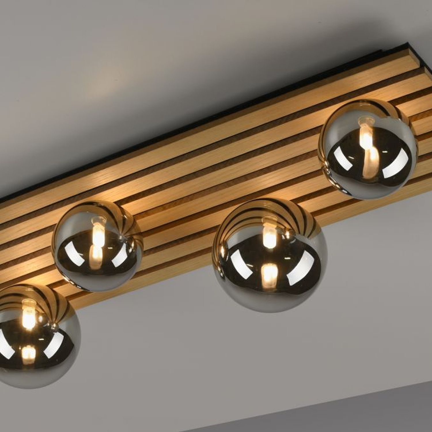 Wohnliche Deckenlampe Glaskugeln Holz G9 80 cm Natur Deckenleuchte, Beleuchtung, Leuchte