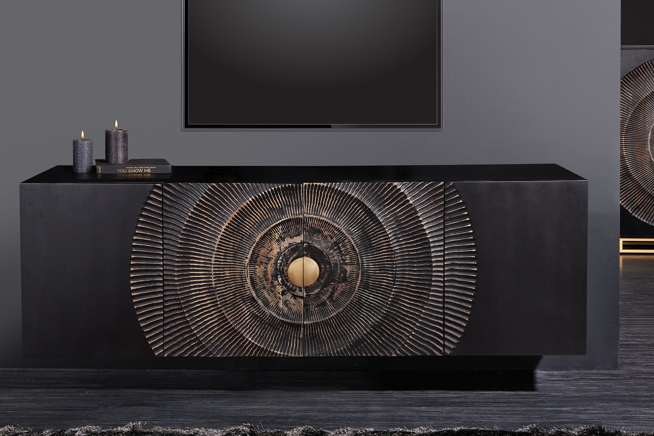Hängesideboard Schwarz Gold 177 cm Ornament Handarbeit Holz Anrichte, Computerausrüstung, Überwachen, Bildschirm, Innenarchitektur