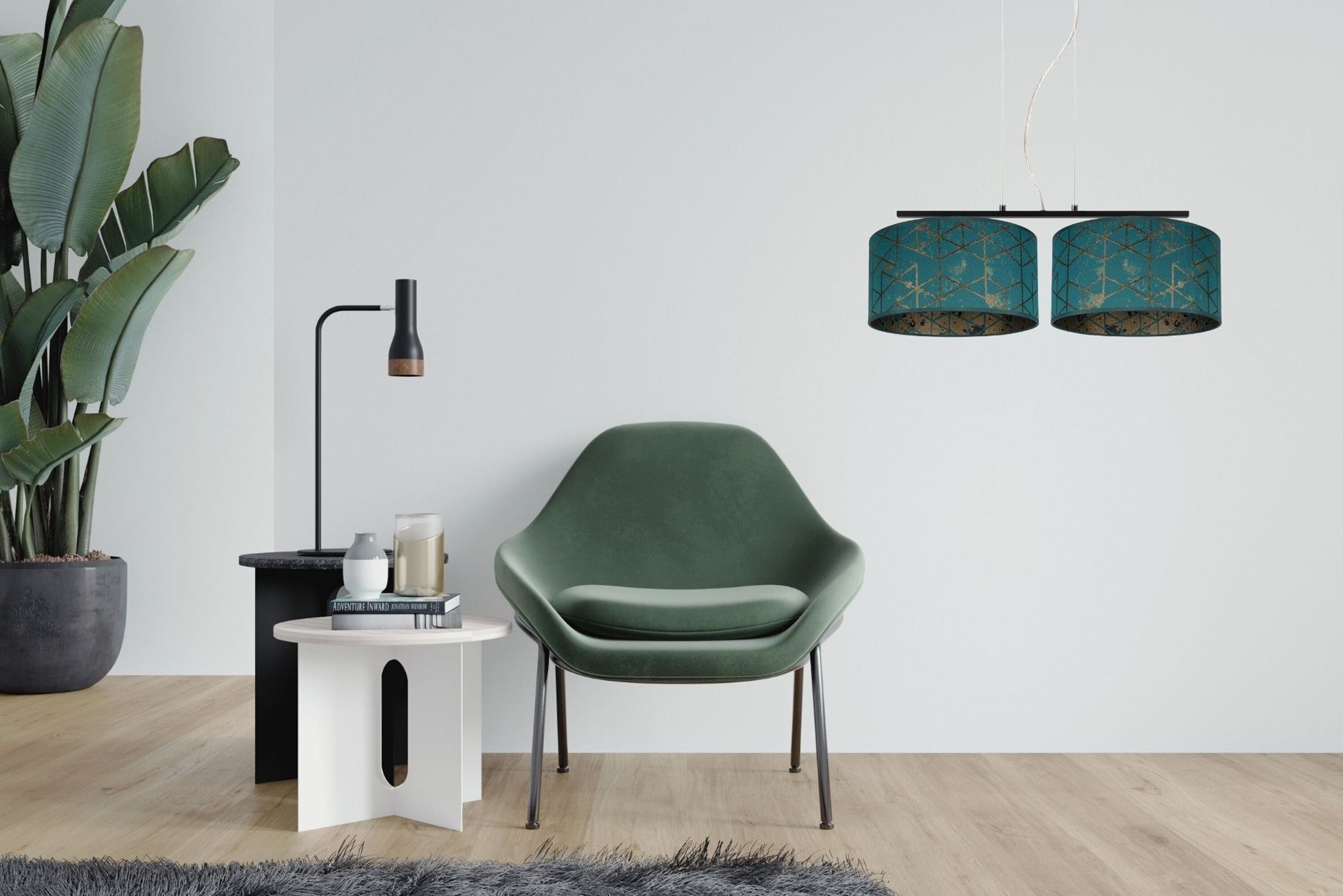 Stoff Pendelleuchte blendarm Grün Muster E27 70 cm lang
