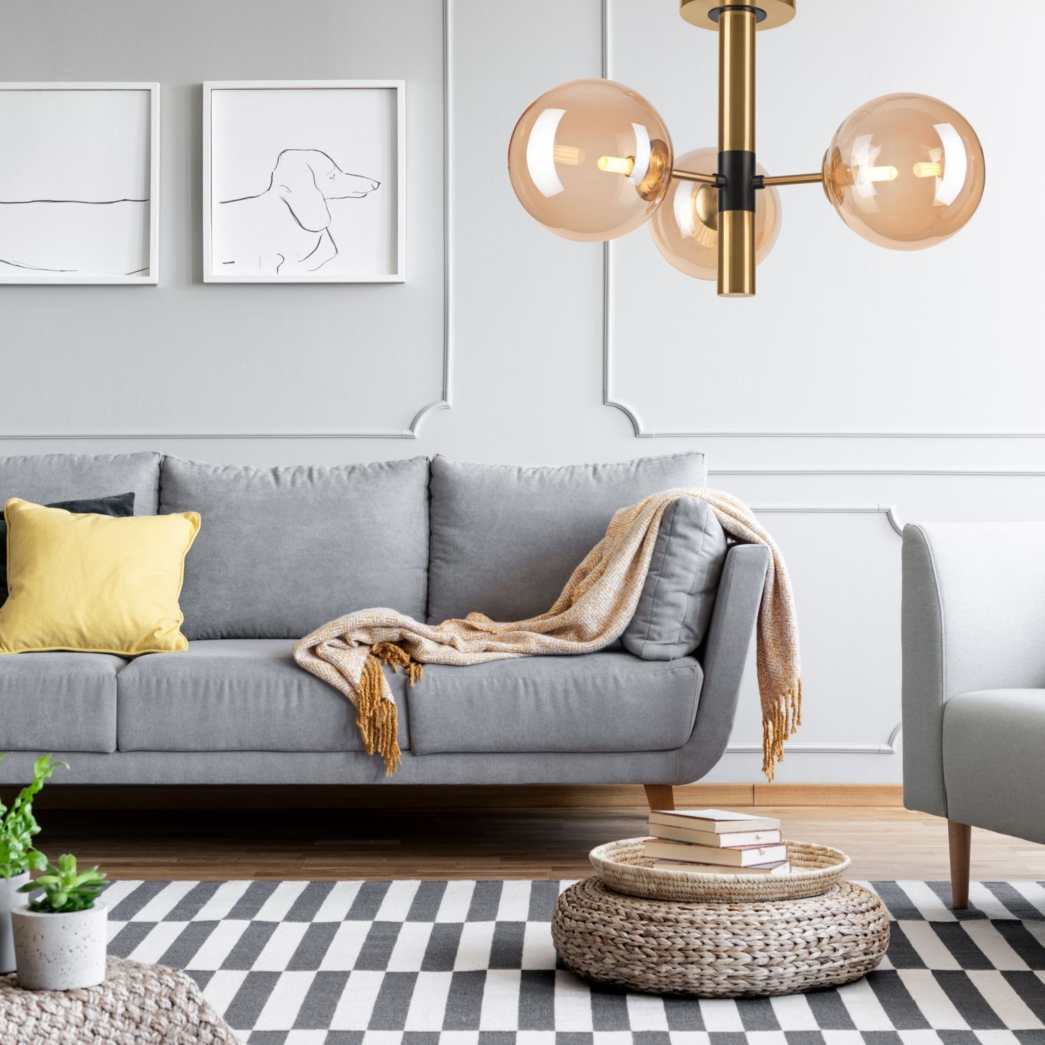 Deckenlampe 3-flammig in Gold Metall Glas G9 L:36 cm Dekoration für Zuhause, Lampe, Couch, Mobiliar