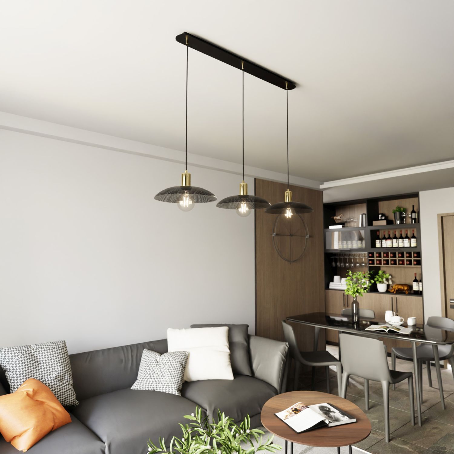 Pendelleuchte 3-flammig L: 90 cm Metall Schwarz Gold E27