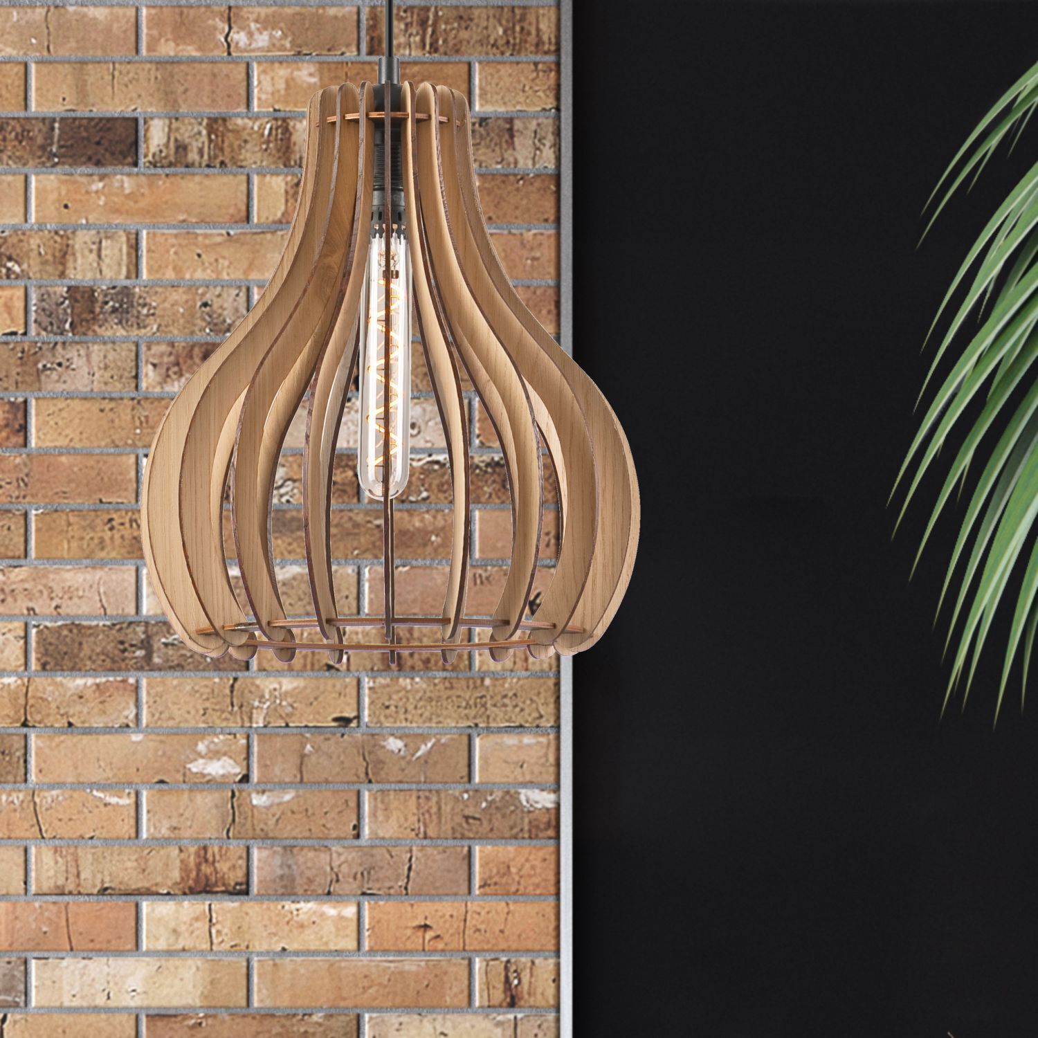 Gemütliche Hängelampe Holz Stahl Ø29 cm Schwarz Natur Hängeleuchte, Holz, Korbform, Edison-Birne, Industriell