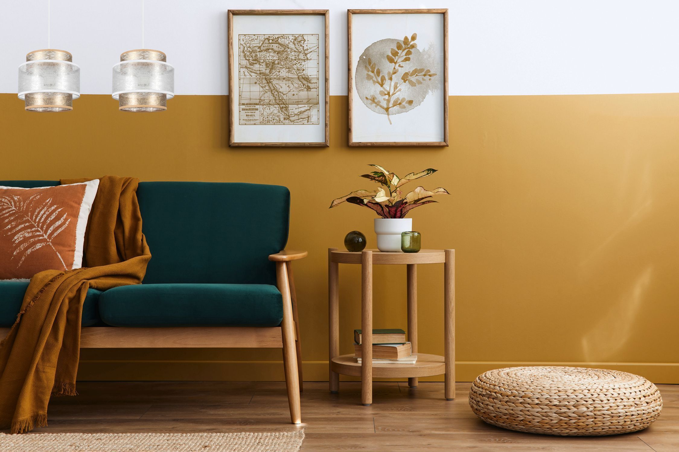 Lange Hängeleuchte Stoff Weiß Gold 48 cm E27 blendarm