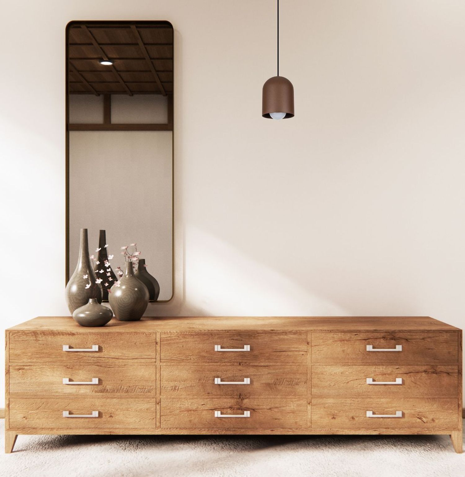 Kommode, Vase, Holzoptik, Spiegel, Lampe