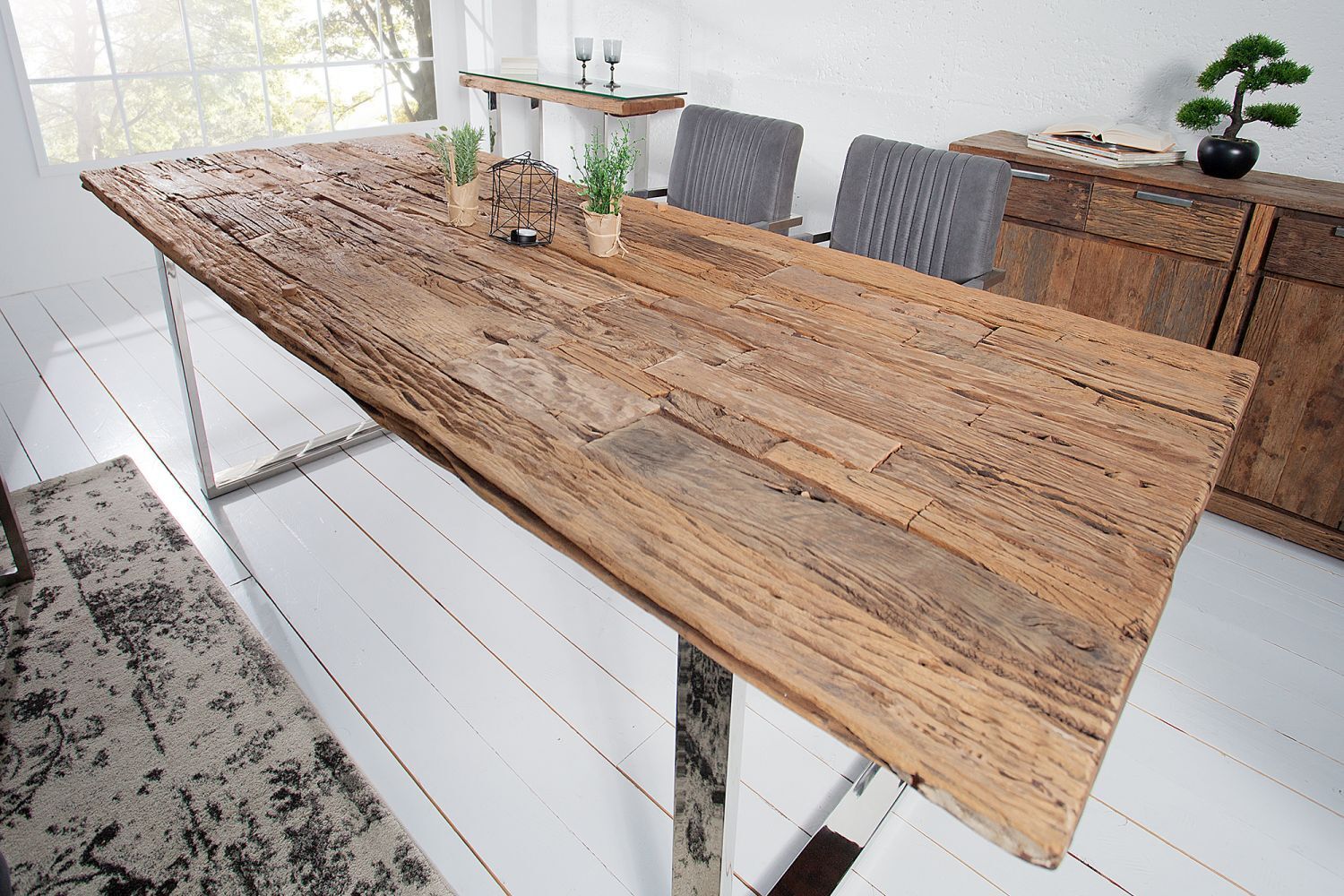 Esstisch recyceltes Teakholz Metall 180x15 cm in Natur