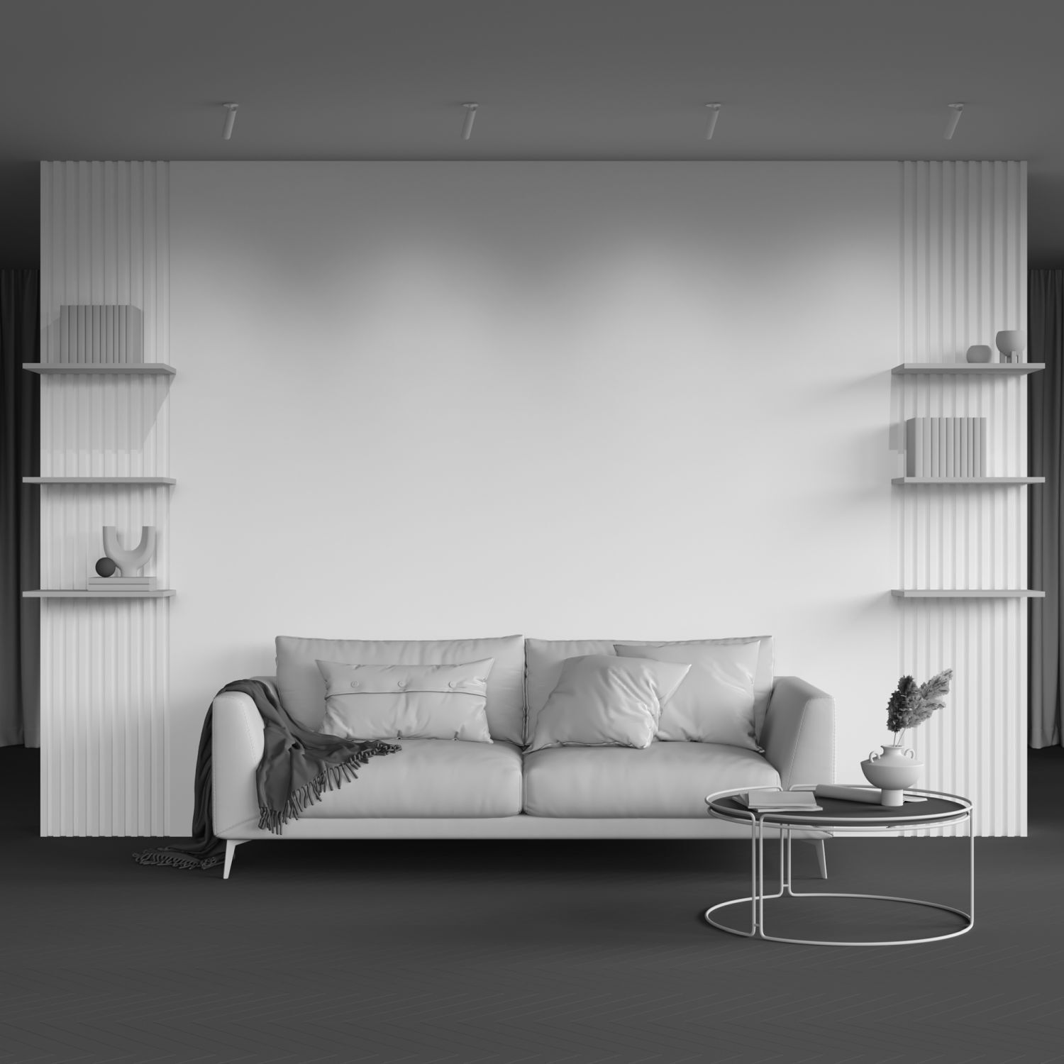 Sofa, Wohnzimmer, Kissen, Couchtisch, Dekosregale