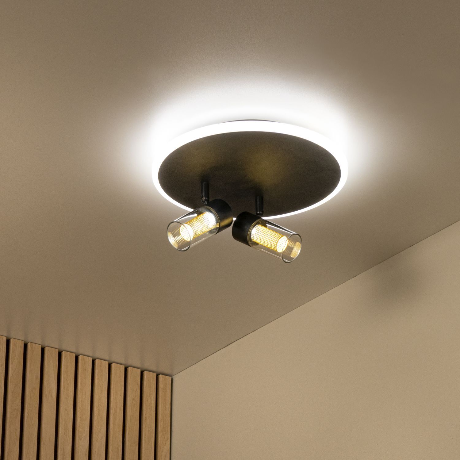 Deckenleuchte, Spotlight, Zweiflammig, runder Deckenmasken, warme LED