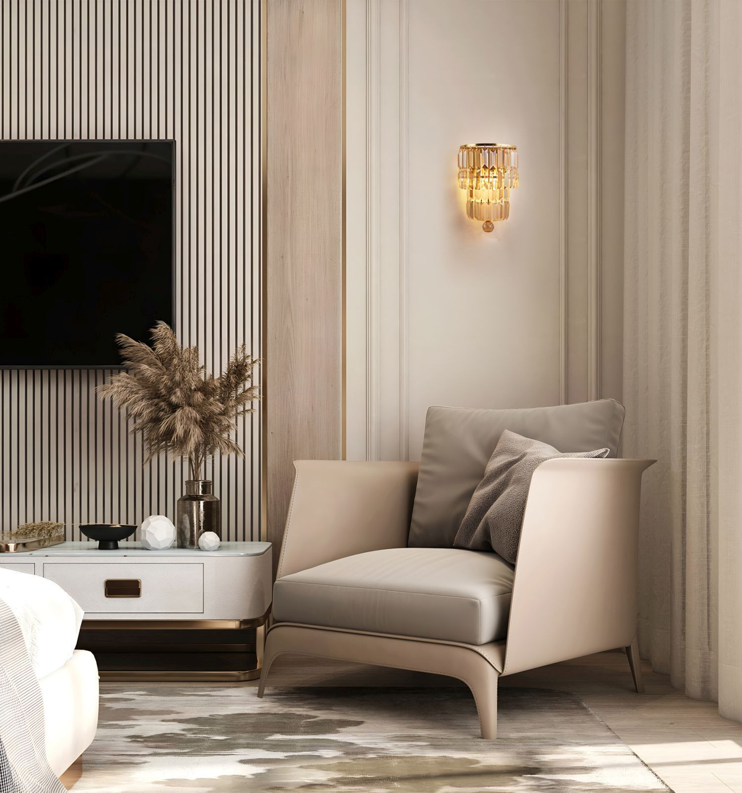 Wandlampe Glas Metall E14 IP44 in Messing Champagner Drinnen, Innenarchitektur, Mobiliar, Inneneinrichtung, Stuhl