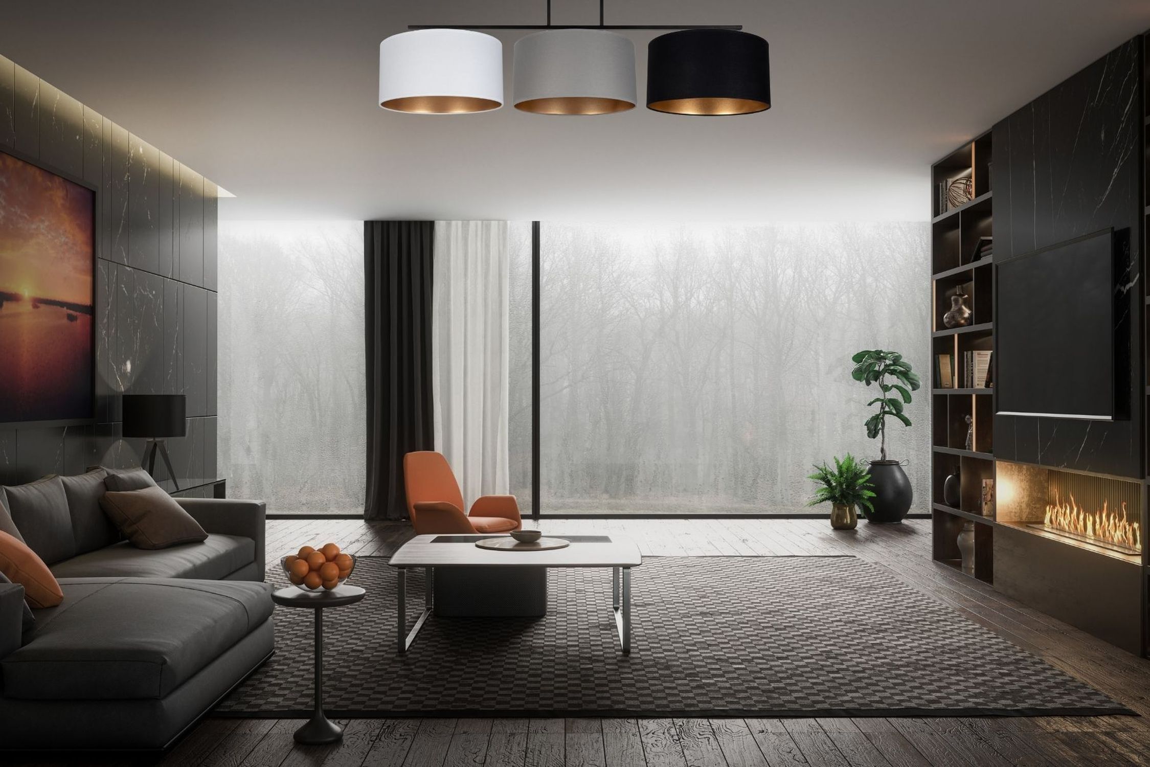 Deckenlampe Stoff Weiß Graphit Schwarz E27 100 cm lang Dekoration für Zuhause, Lampe, Pflanze, Innenarchitektur, Wohnzimmer