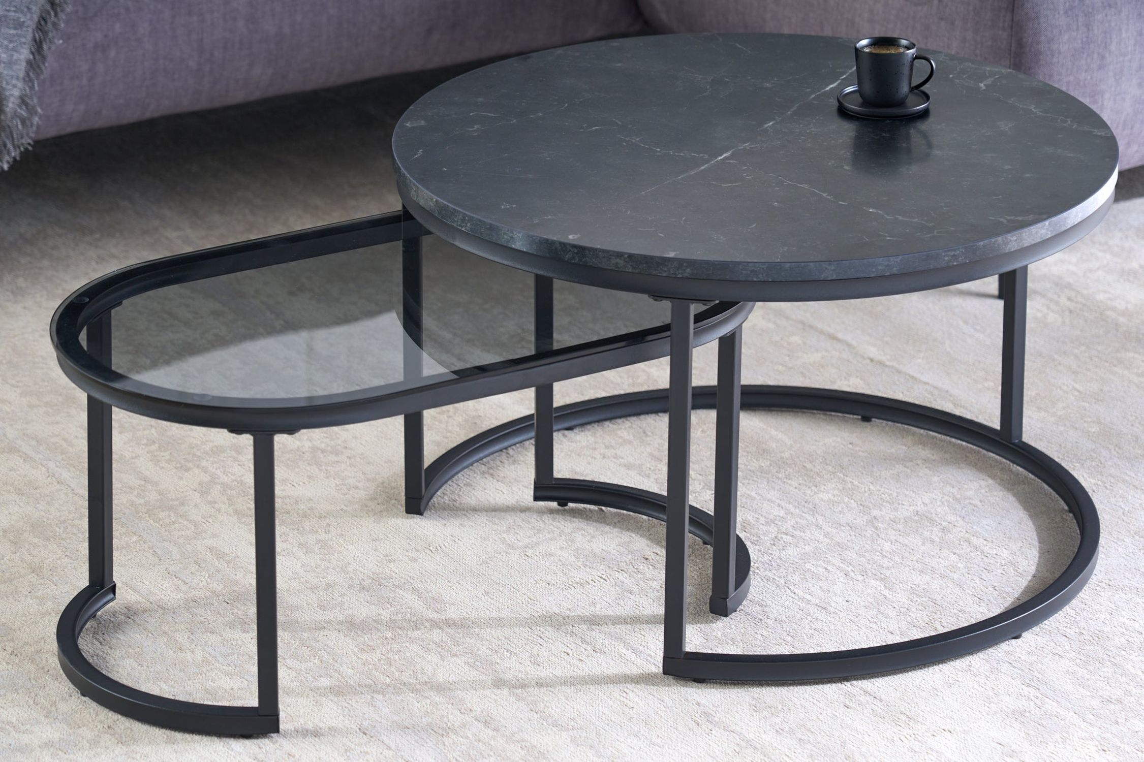 Couchtisch 2er Set MDF Hartglas Metall in Schwarz