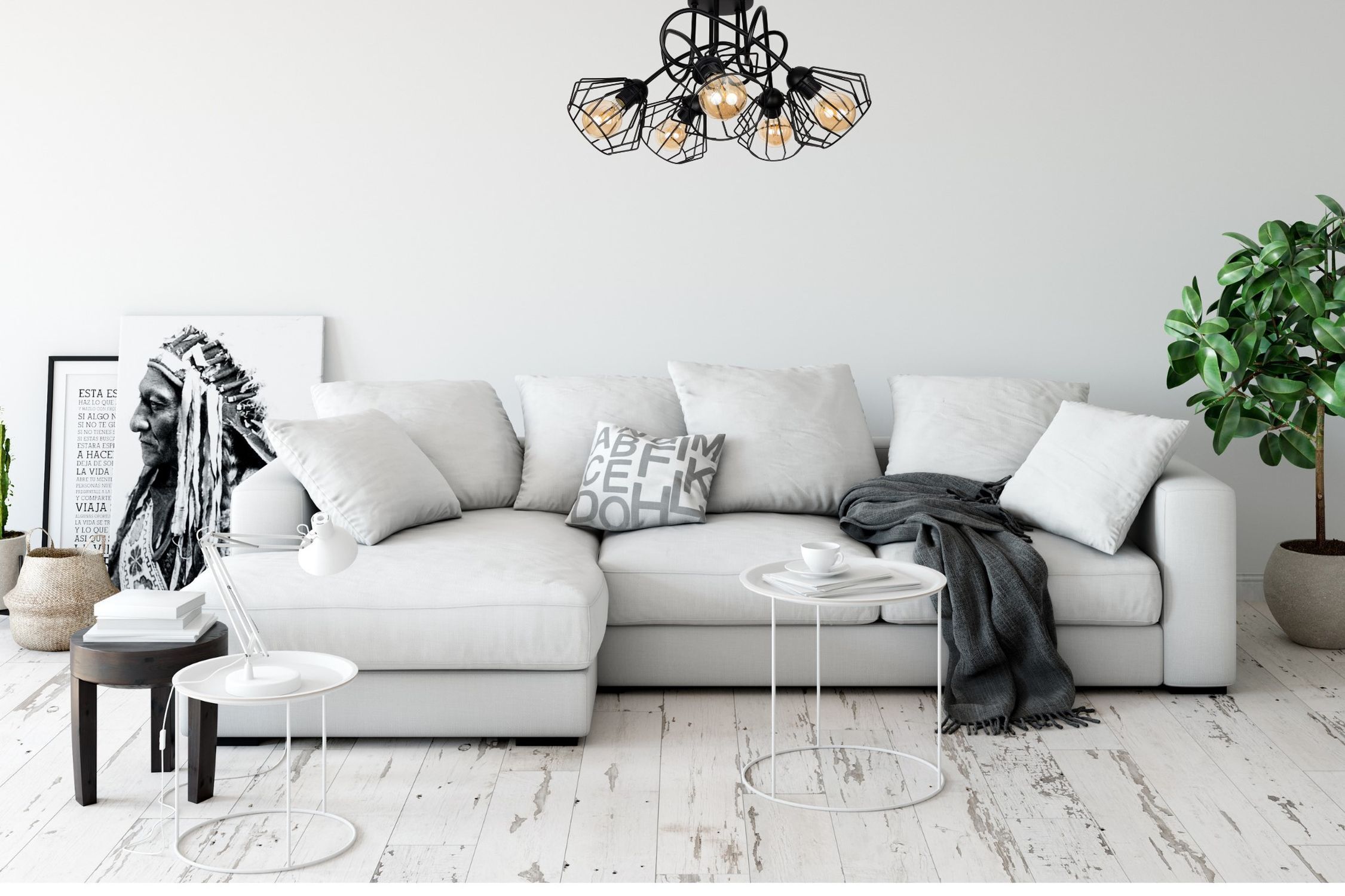 Schwarze Deckenlampe Metall Draht E27 L:60 cm 5-flammig Couch, Dekoration für Zuhause, Wohnzimmer, Tabelle, Kissen