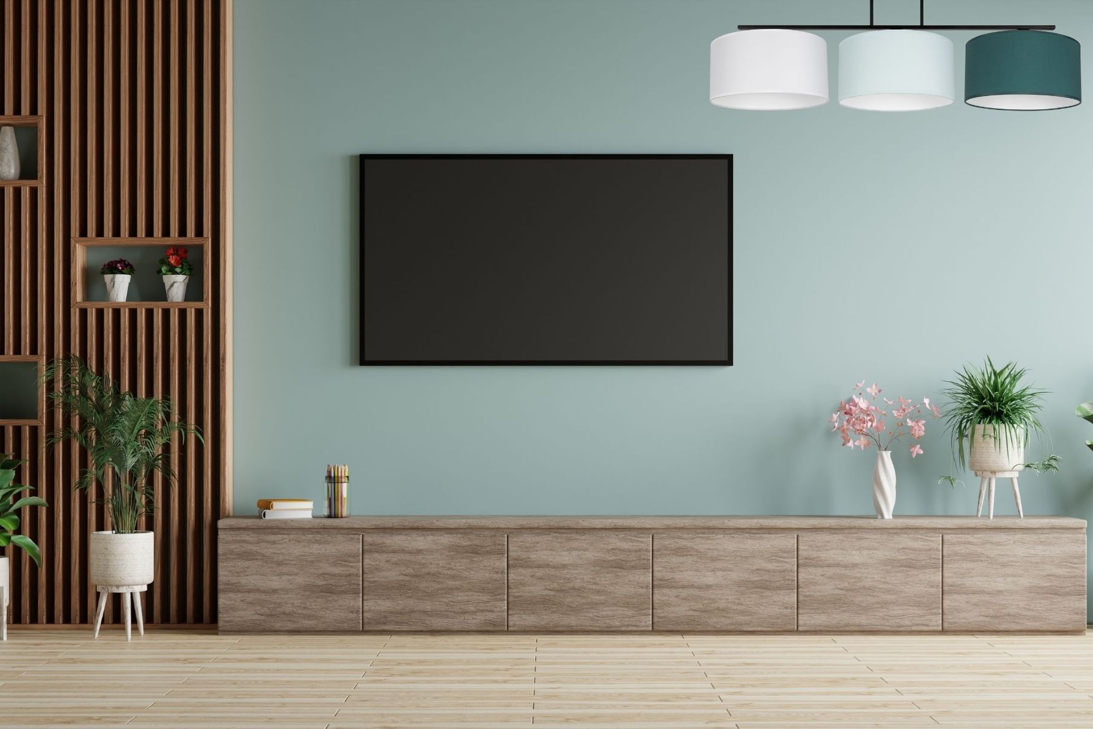 Deckenlampe Stoff Weiß Mint Grün E27 L:100 cm blendarm Drinnen, Innenarchitektur, Paneele aus Holz, Pflanze, Pflanze im Topf