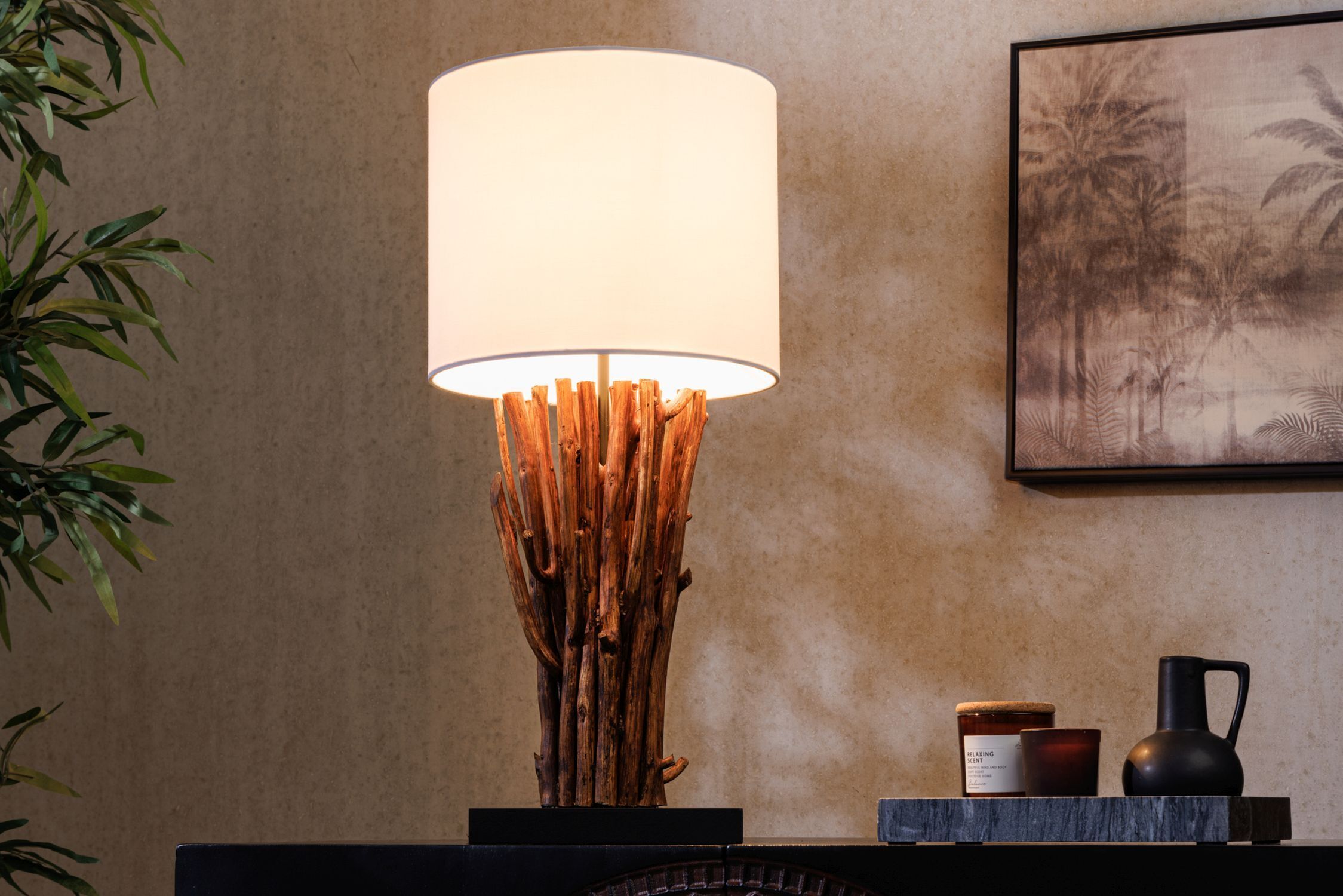 Tischlampe Weiß Holz Stoff E27 H:58 cm gemütlich Lampe, Tasse