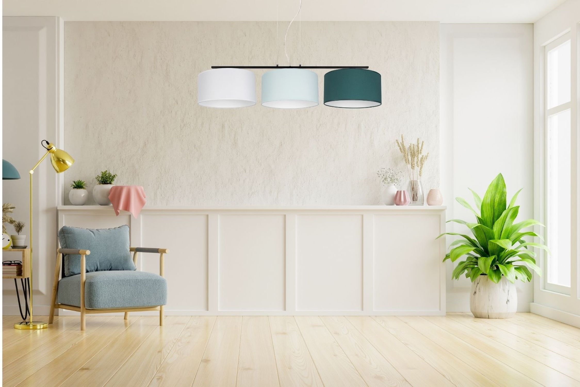 Wohnliche Pendelleuchte Stoff Weiß Mint Grün L:100 cm Innenarchitektur, Pflanze, Dekoration für Zuhause, Fußboden, Pflanzgefäß