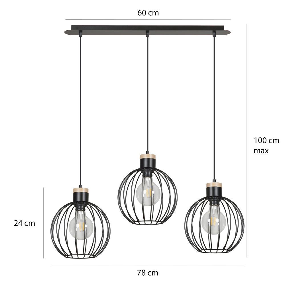 Hängelampe Retro Schwarz Metall Kugel Schirm 3 flammig